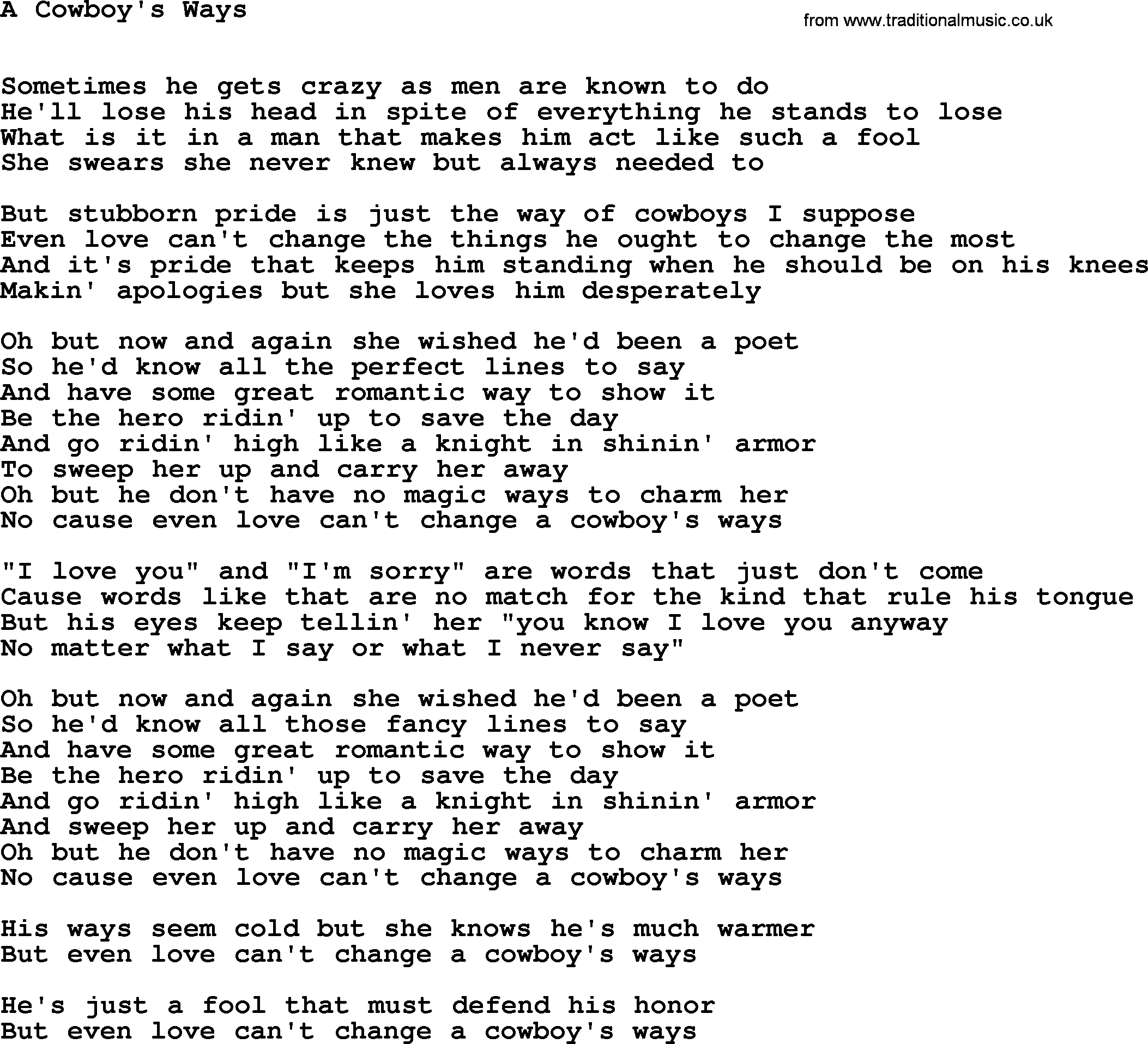 Dolly Parton song: A Cowboy's Ways, lyrics