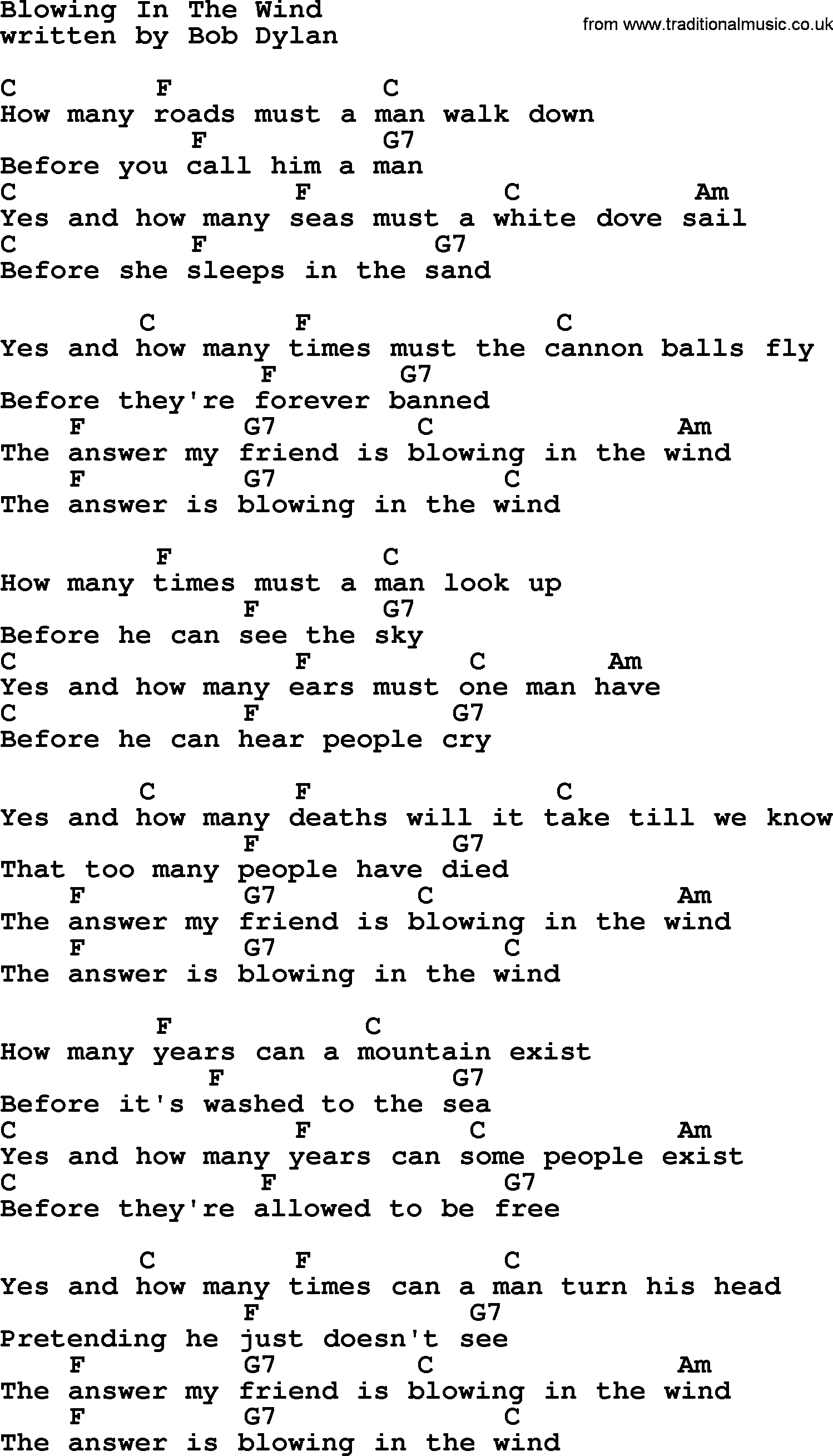 Dolly Parton song Blowing In The Wind, lyrics and chords