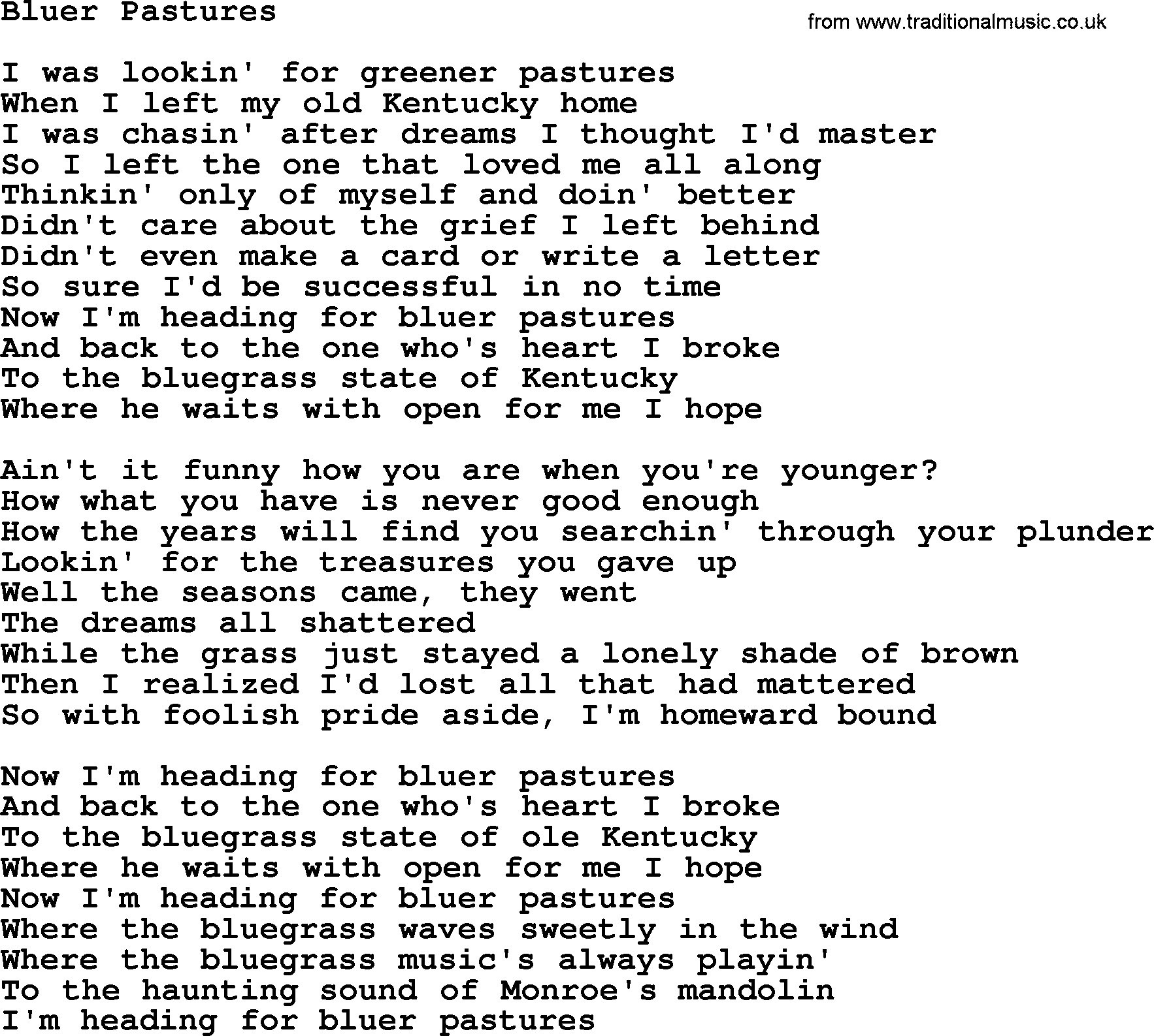 Dolly Parton song Bluer Pastures.txt lyrics