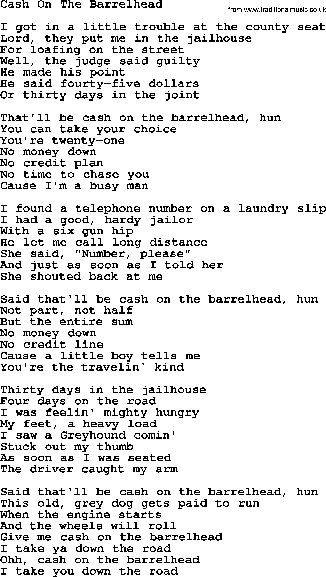 Dolly Parton song: Cash On The Barrelhead, lyrics