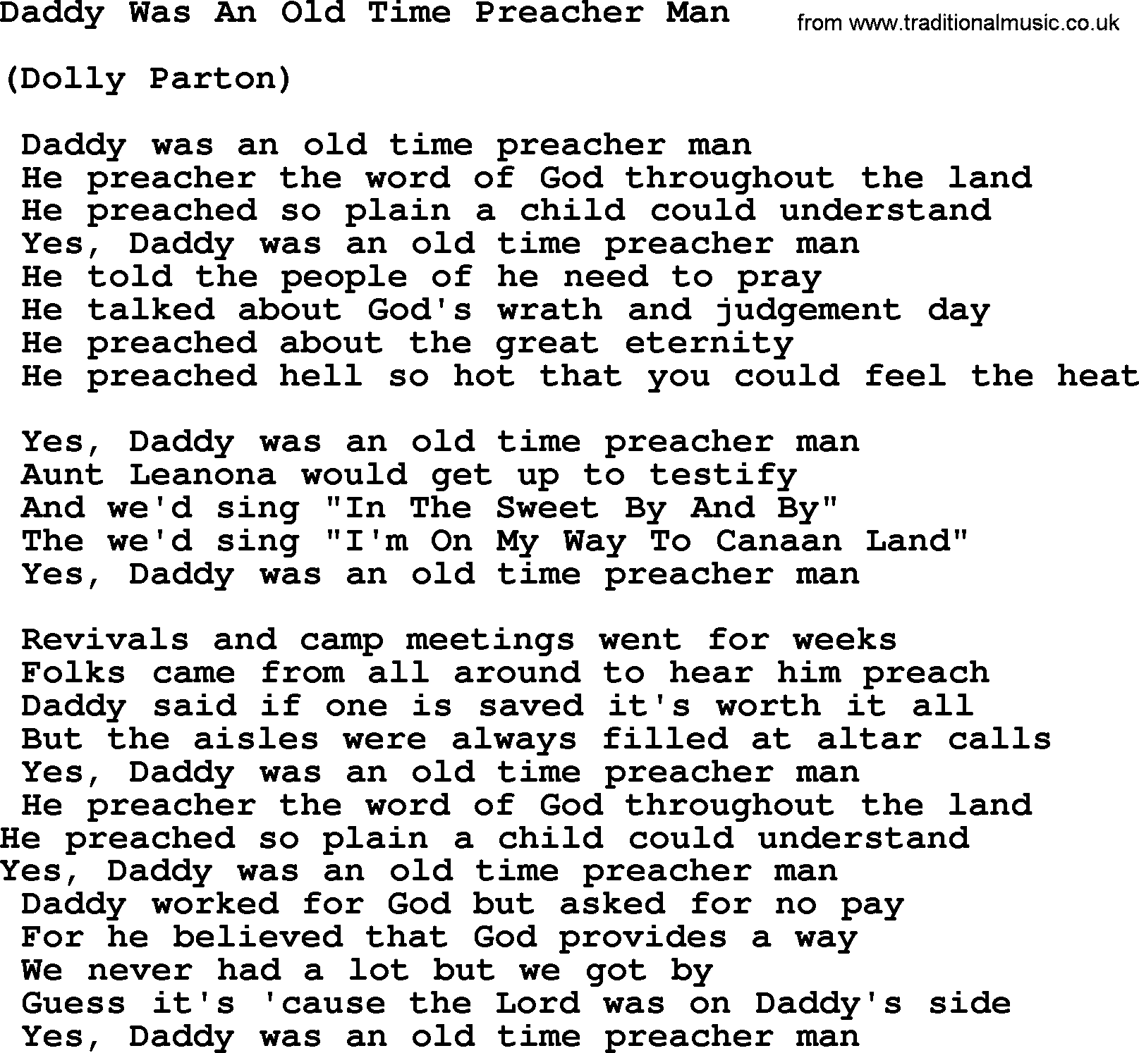 Dolly Parton song Daddy Was An Old Time Preacher Man.txt lyrics
