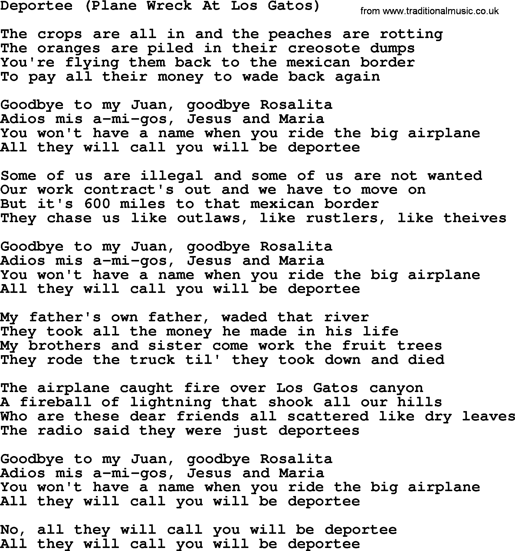 Dolly Parton song Deportee (Plane Wreck At Los Gatos).txt lyrics