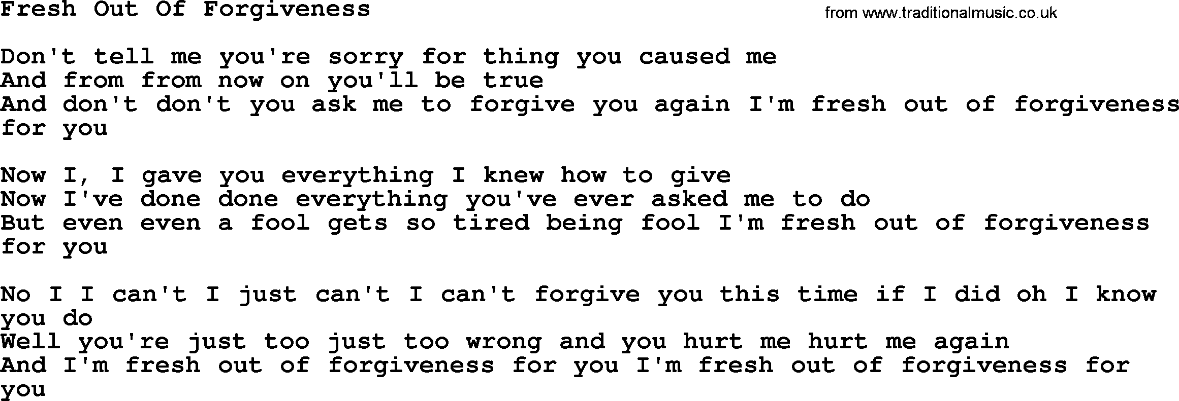 Dolly Parton song Fresh Out Of Forgiveness.txt lyrics