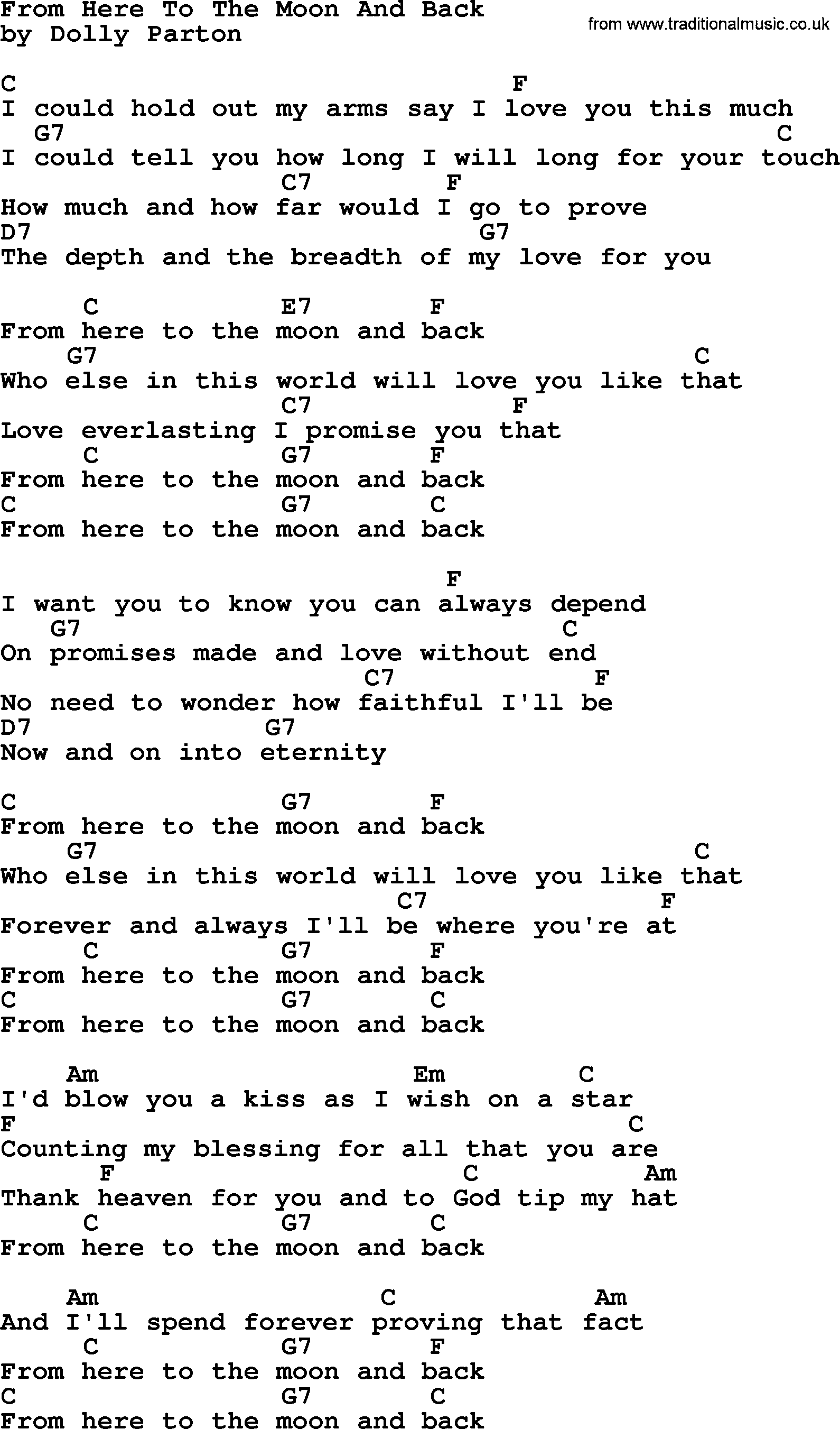 Dolly Parton song From Here To The Moon And Back, lyrics and chords