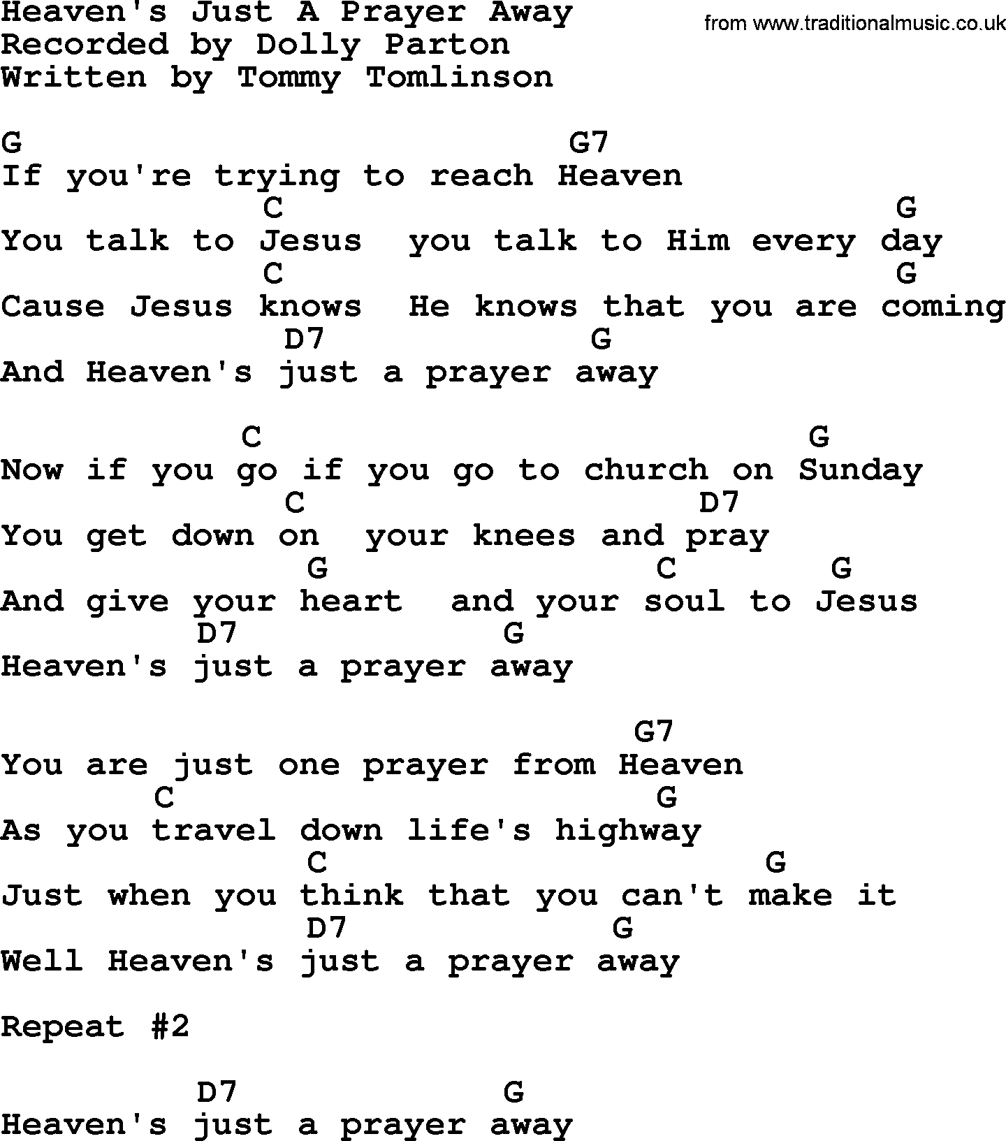 Dolly Parton song: Heaven's Just A Prayer Away, lyrics and chords
