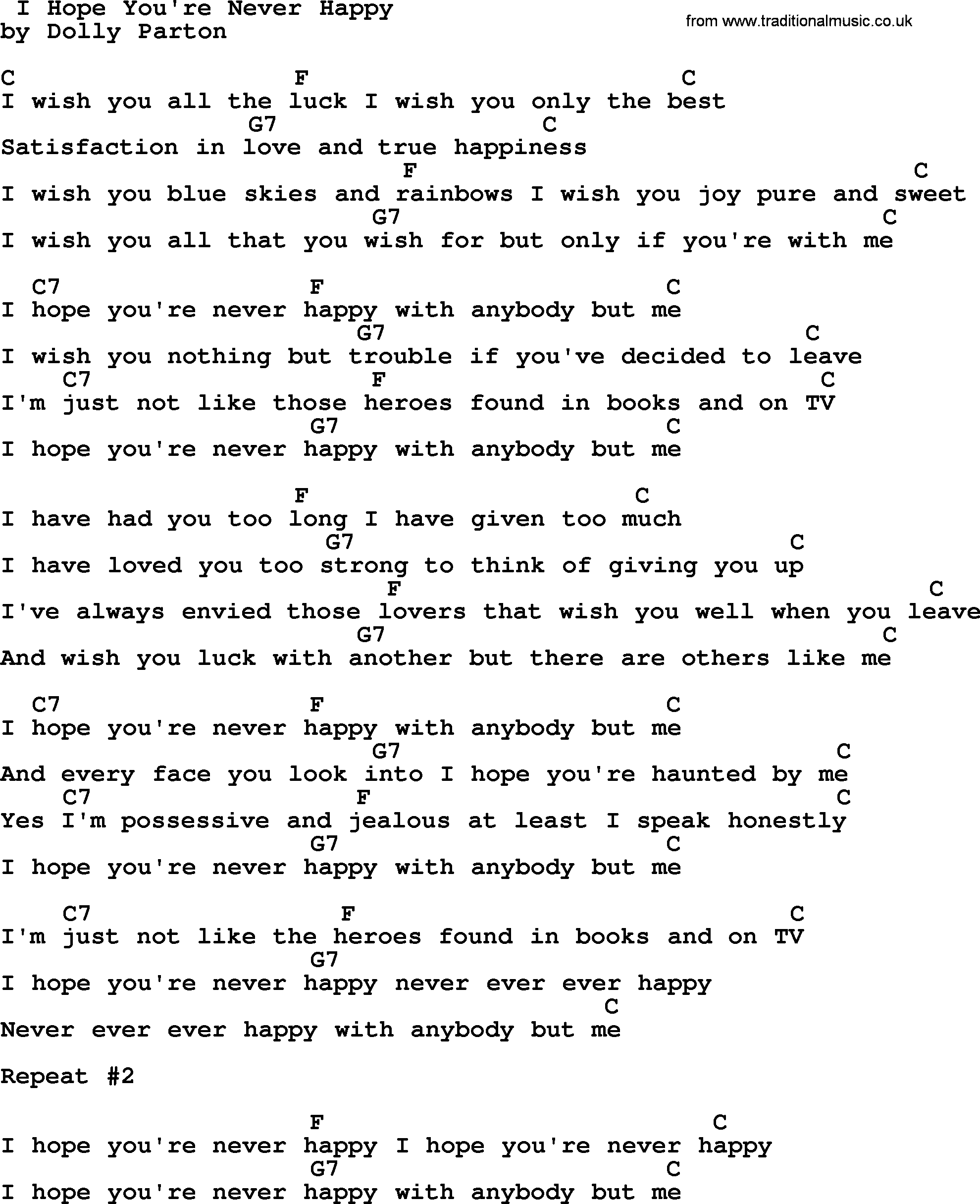 Dolly Parton song I Hope You're Never Happy, lyrics and chords