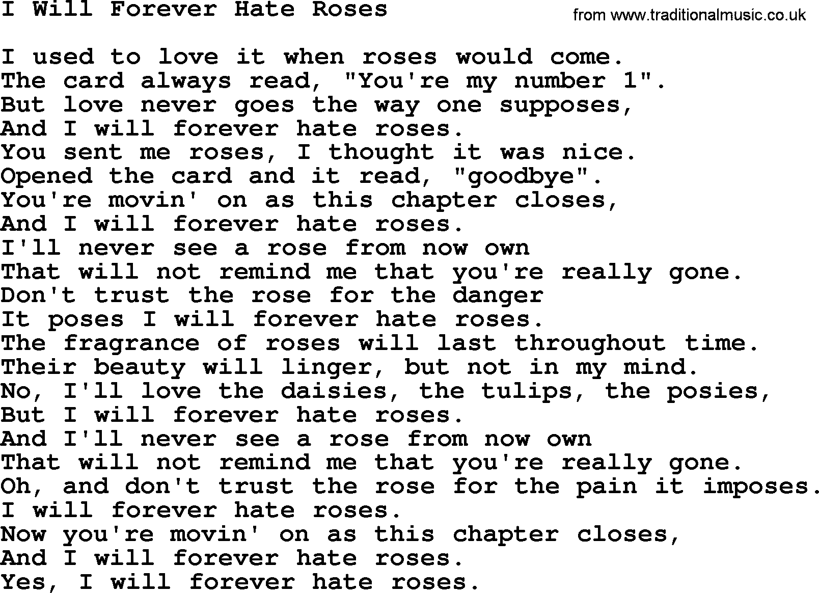 Dolly Parton song I Will Forever Hate Roses.txt lyrics