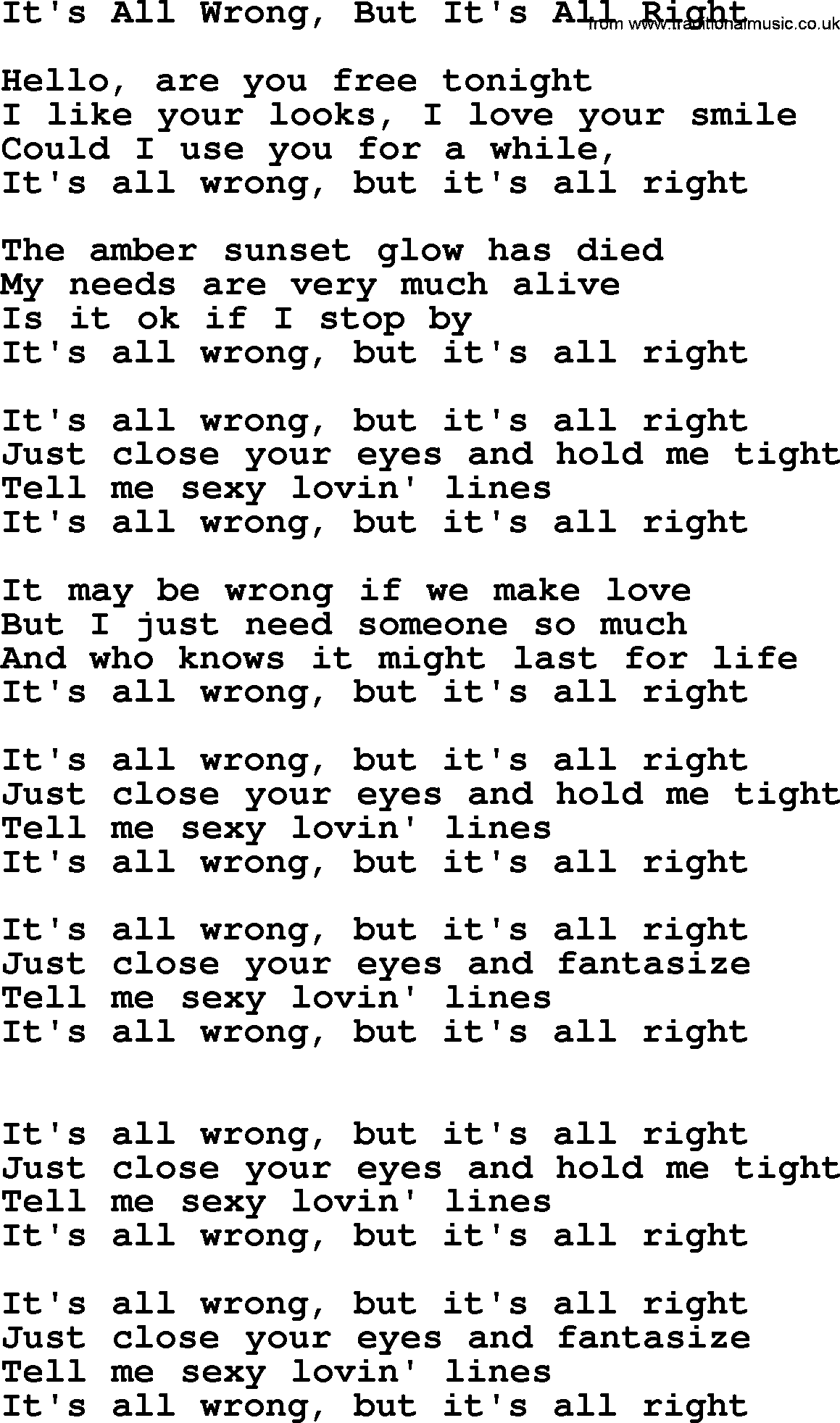 Dolly Parton song It's All Wrong, But It's All Right.txt lyrics