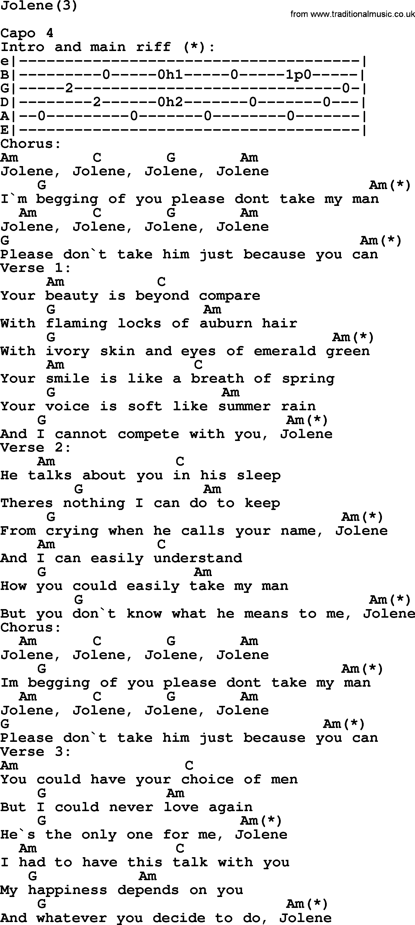 Dolly Parton song Jolene(3), lyrics and chords
