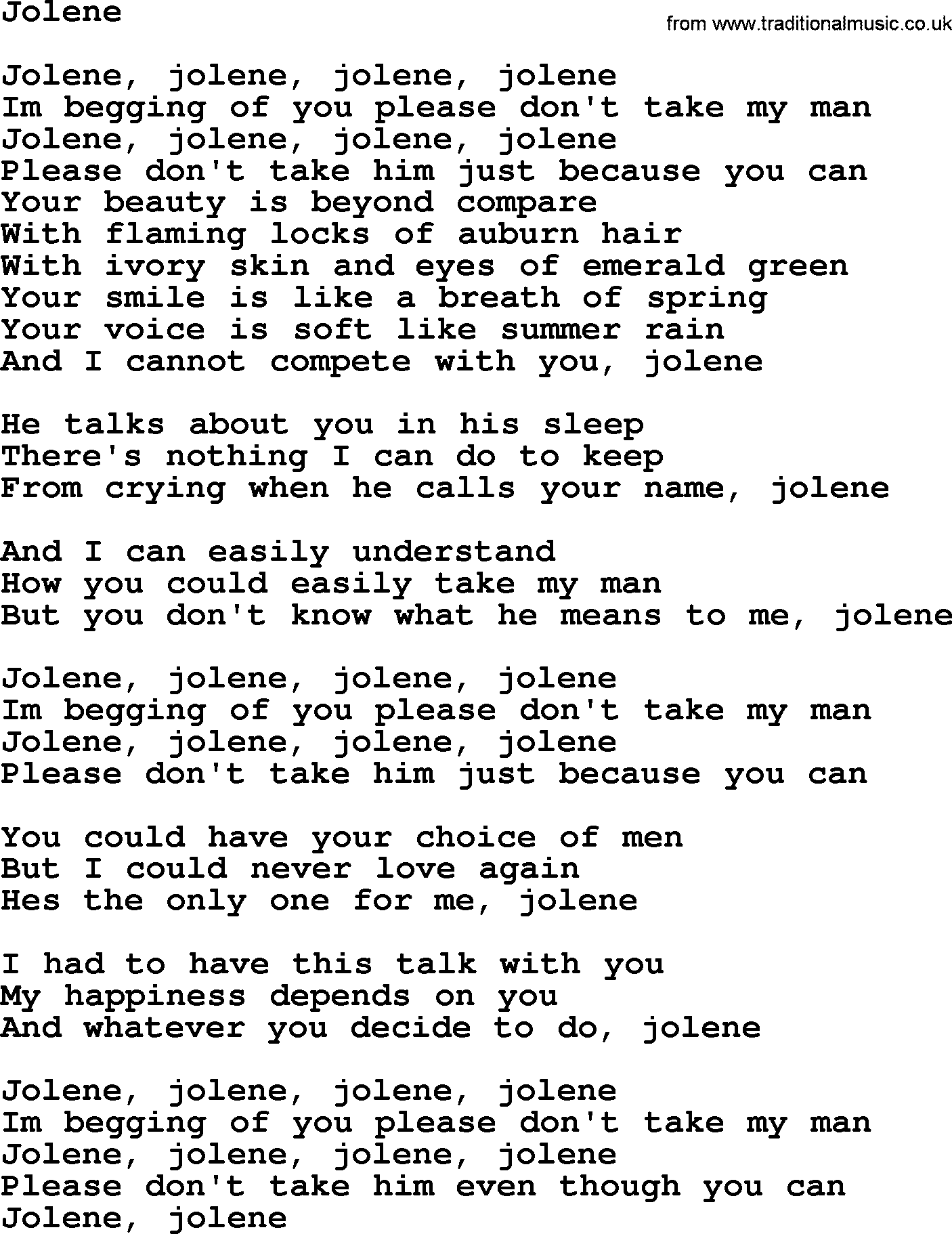 Dolly Parton song Jolene.txt lyrics