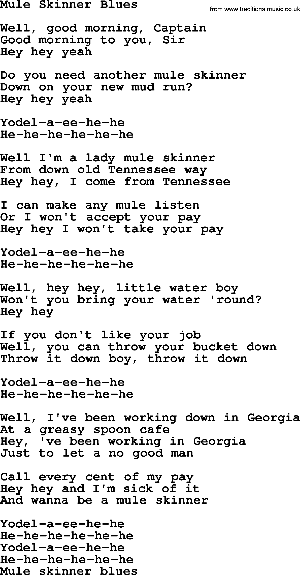 Dolly Parton song Mule Skinner Blues.txt lyrics