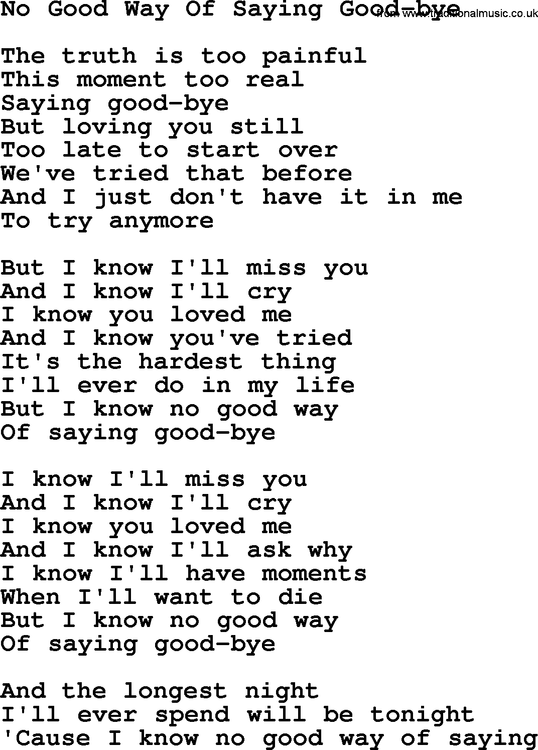 Dolly Parton song No Good Way Of Saying Good-bye.txt lyrics