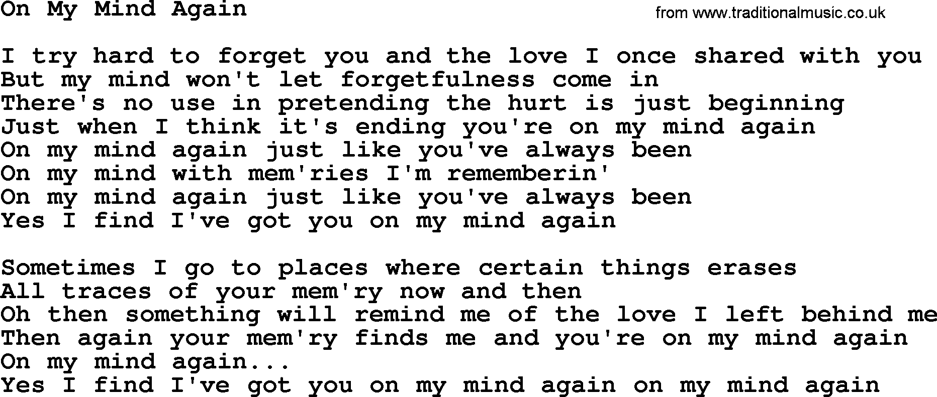 Dolly Parton song On My Mind Again.txt lyrics