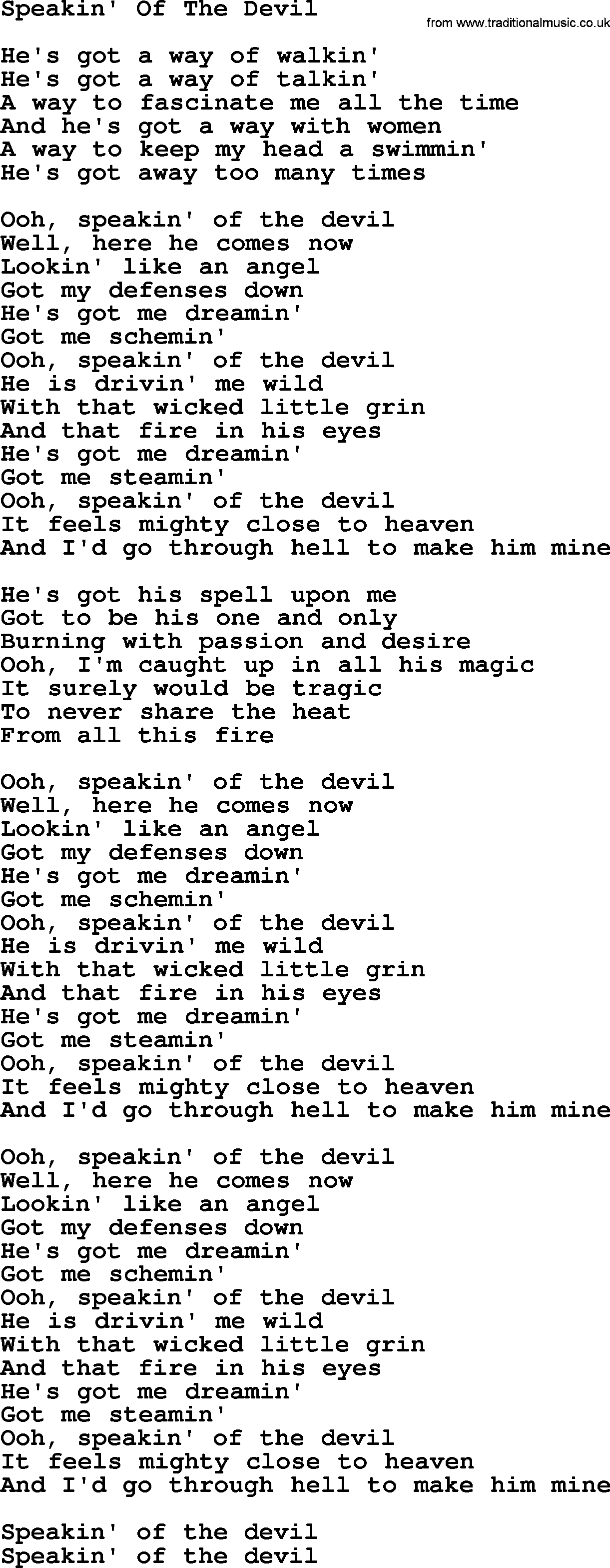 Dolly Parton song Speakin' Of The Devil.txt lyrics