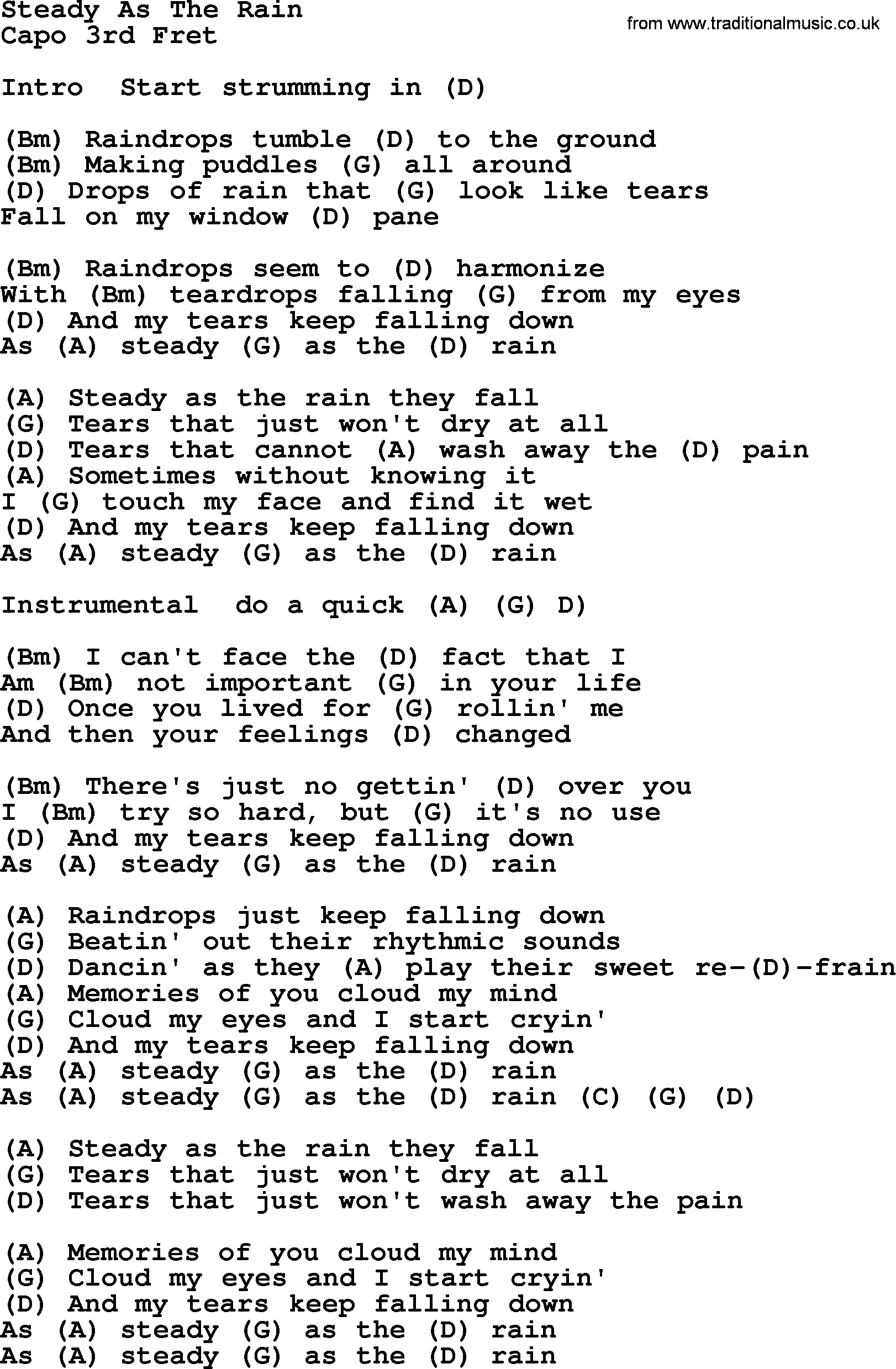 Dolly Parton song Steady As The Rain, lyrics and chords