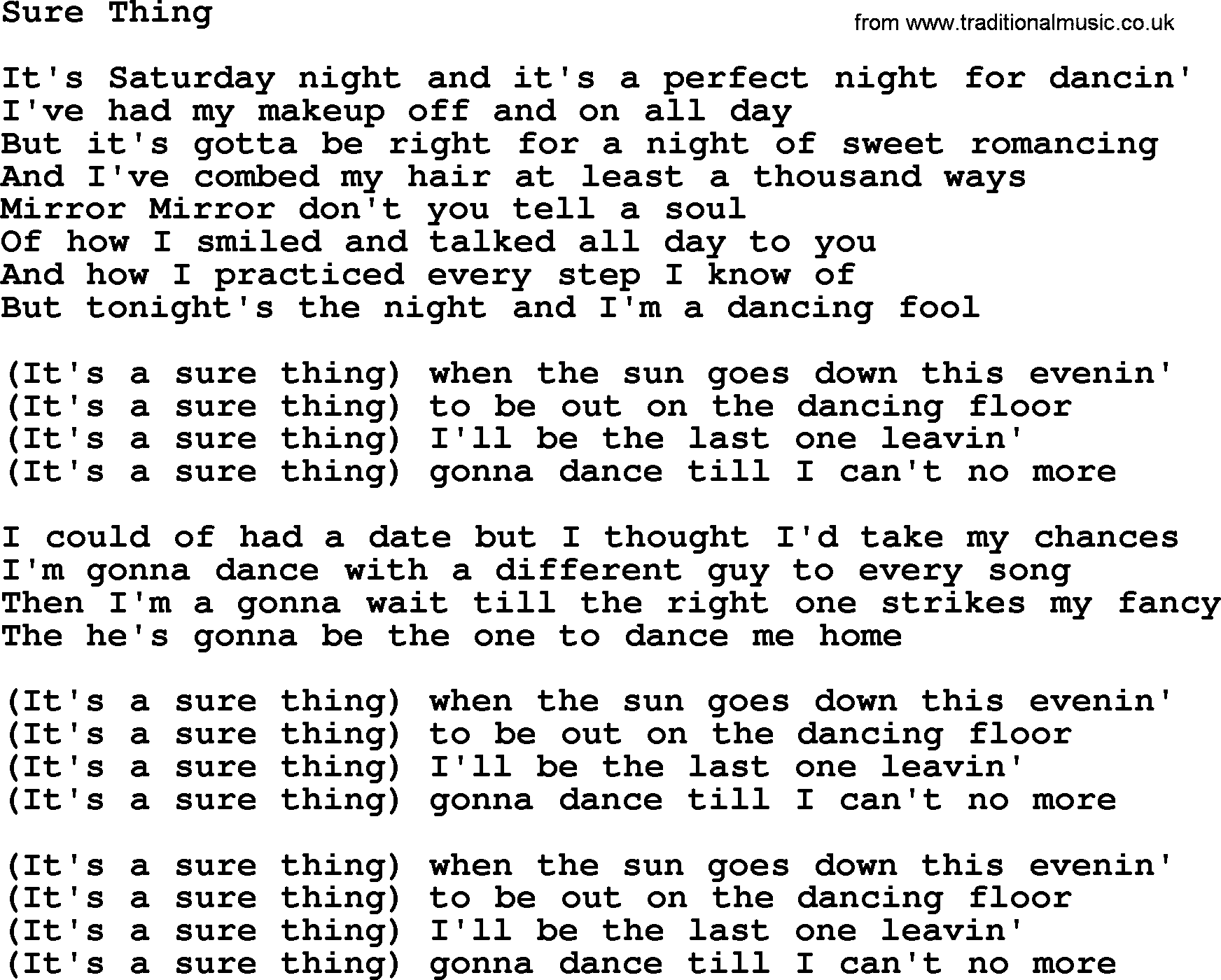 Dolly Parton song Sure Thing.txt lyrics