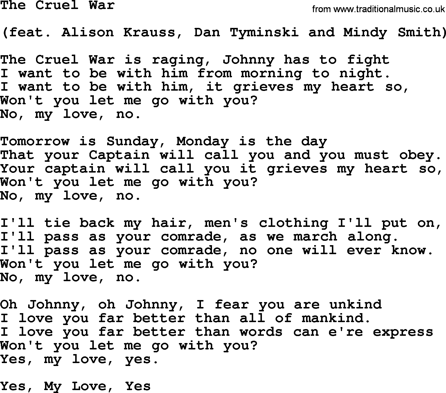 Dolly Parton song The Cruel War.txt lyrics