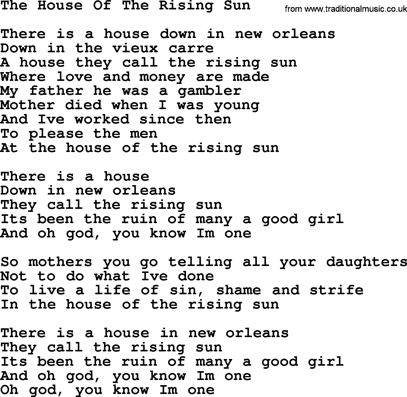 Dolly Parton song The House Of The Rising Sun.txt lyrics
