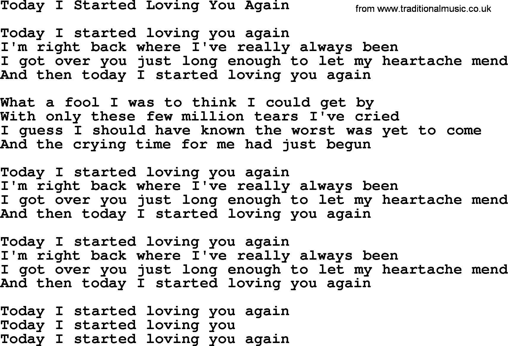 Dolly Parton song Today I Started Loving You Again.txt lyrics