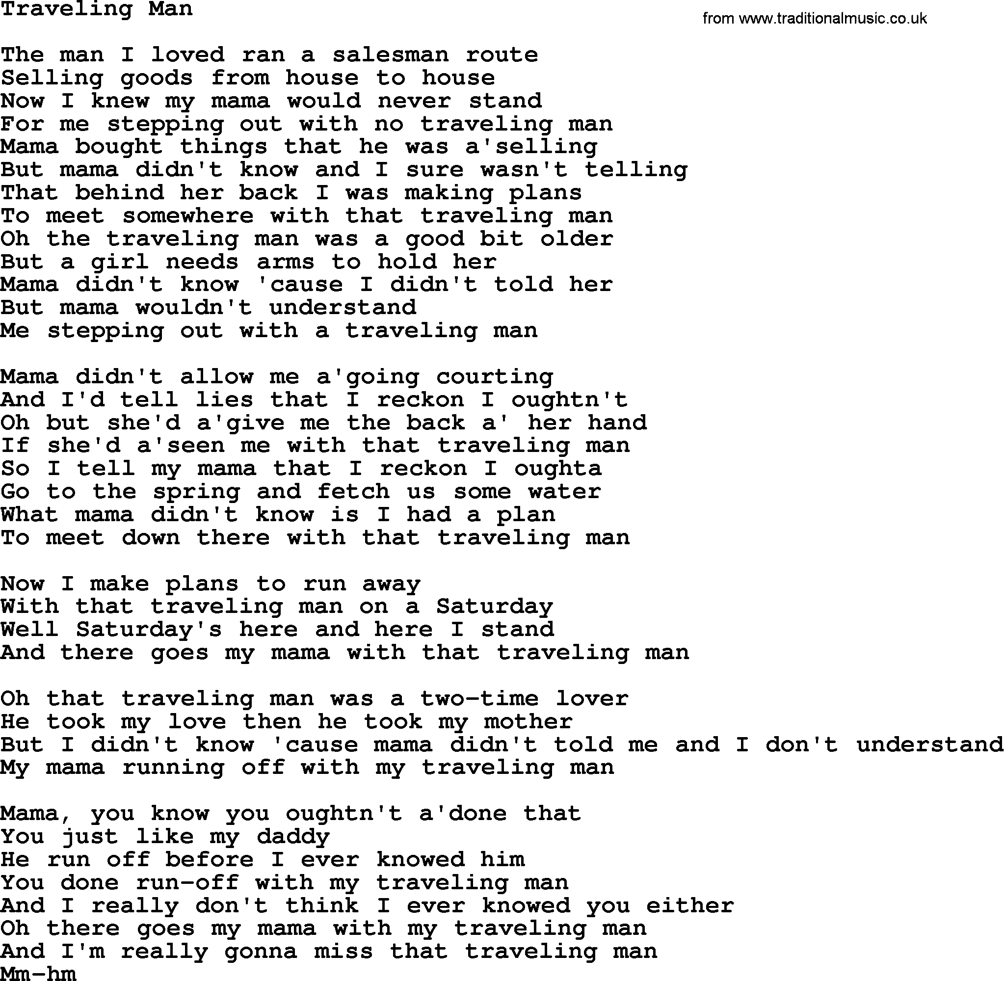 Dolly Parton song Traveling Man.txt lyrics
