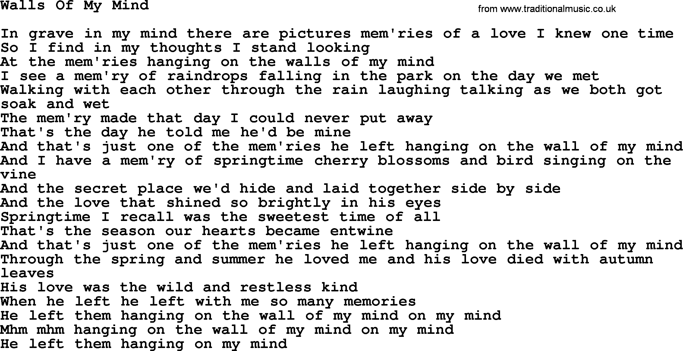 Dolly Parton song Walls Of My Mind.txt lyrics