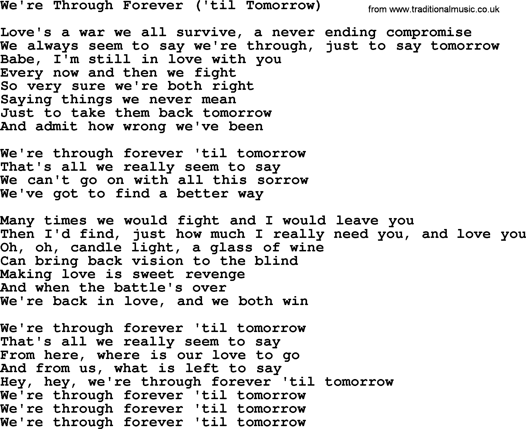 Dolly Parton song We're Through Forever ('til Tomorrow).txt lyrics