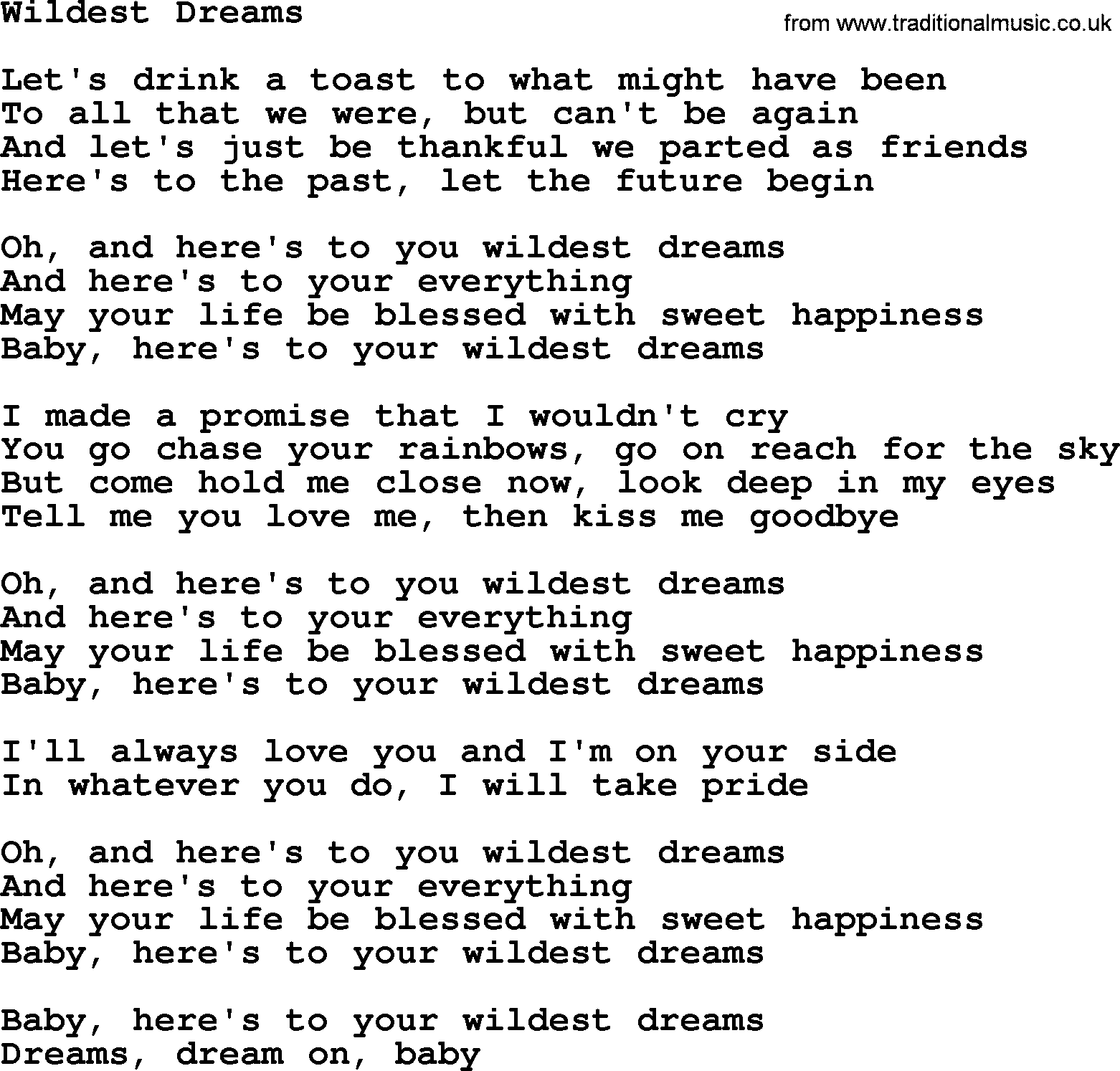 Dolly Parton song Wildest Dreams.txt lyrics