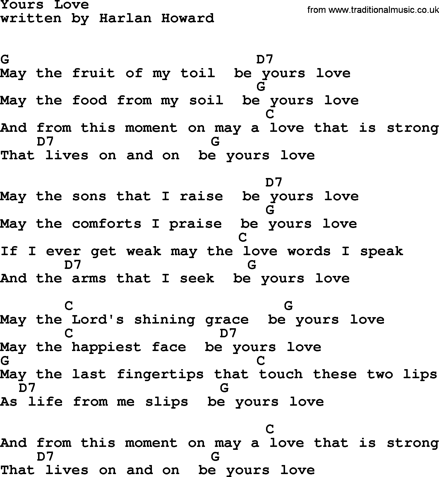 Dolly Parton song Yours Love, lyrics and chords