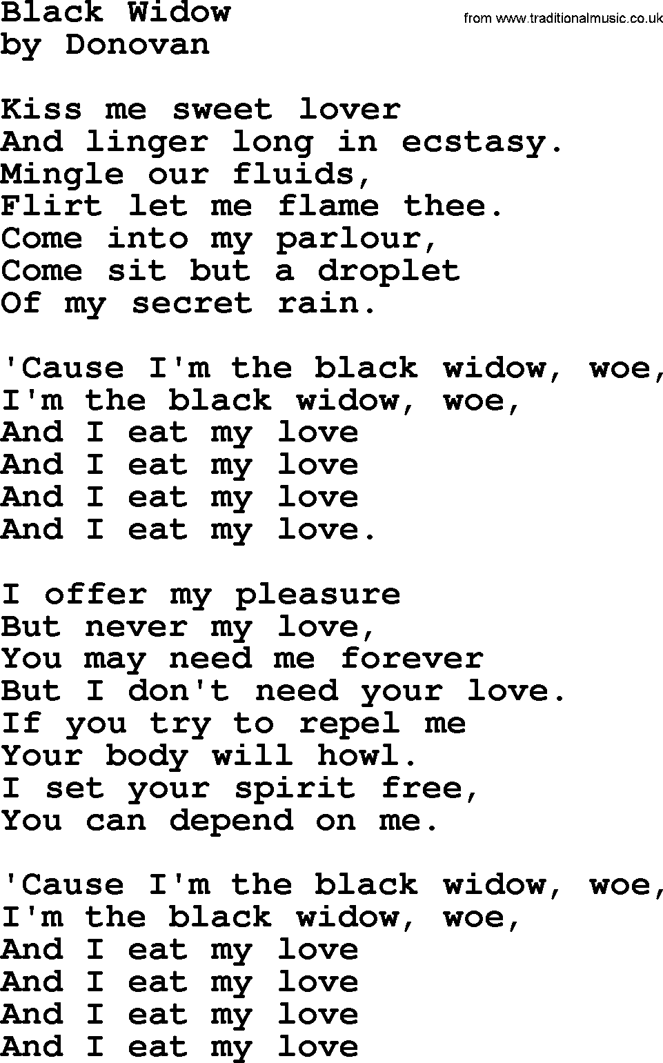 Donovan Leitch song: Black Widow lyrics