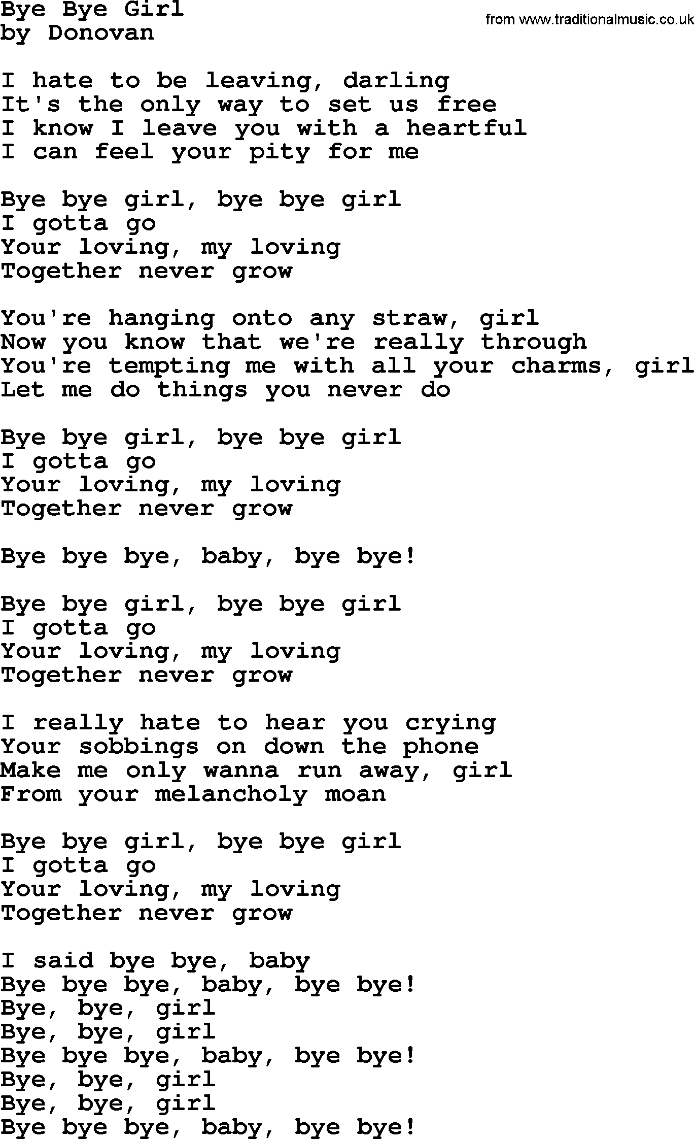 Donovan Leitch song: Bye Bye Girl lyrics