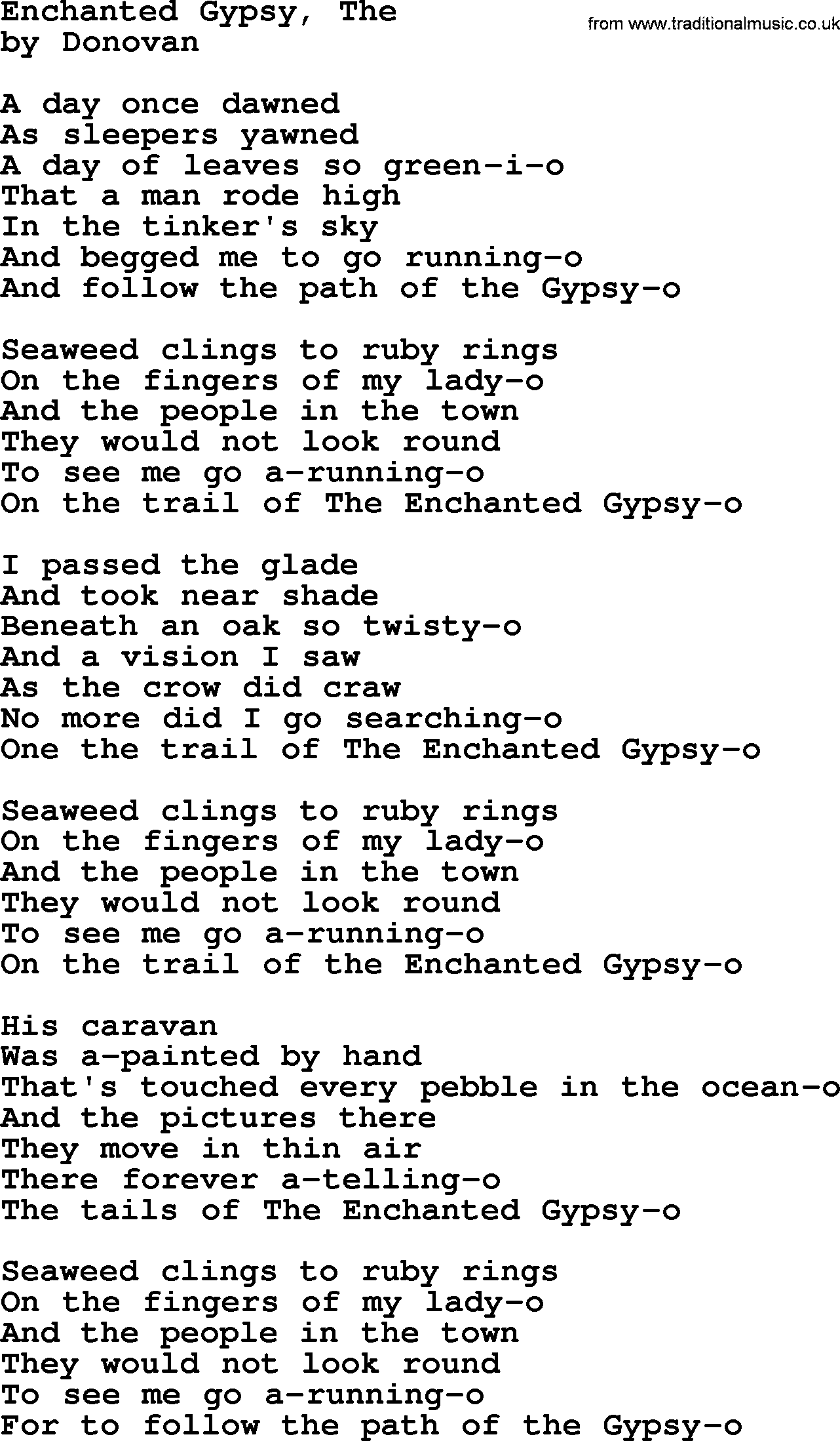 Donovan Leitch song: Enchanted Gypsy, The lyrics