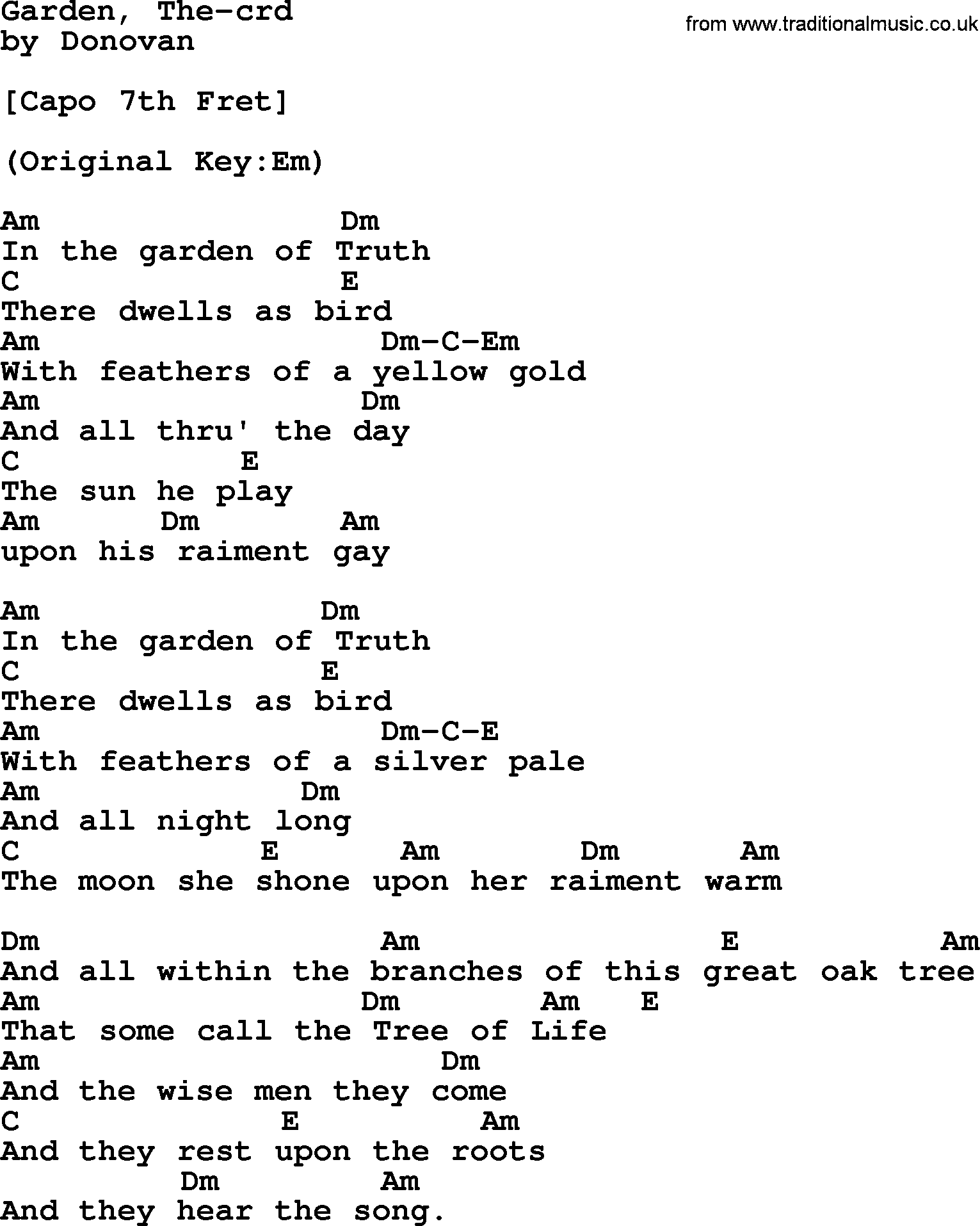 Donovan Leitch song: Garden, The lyrics and chords