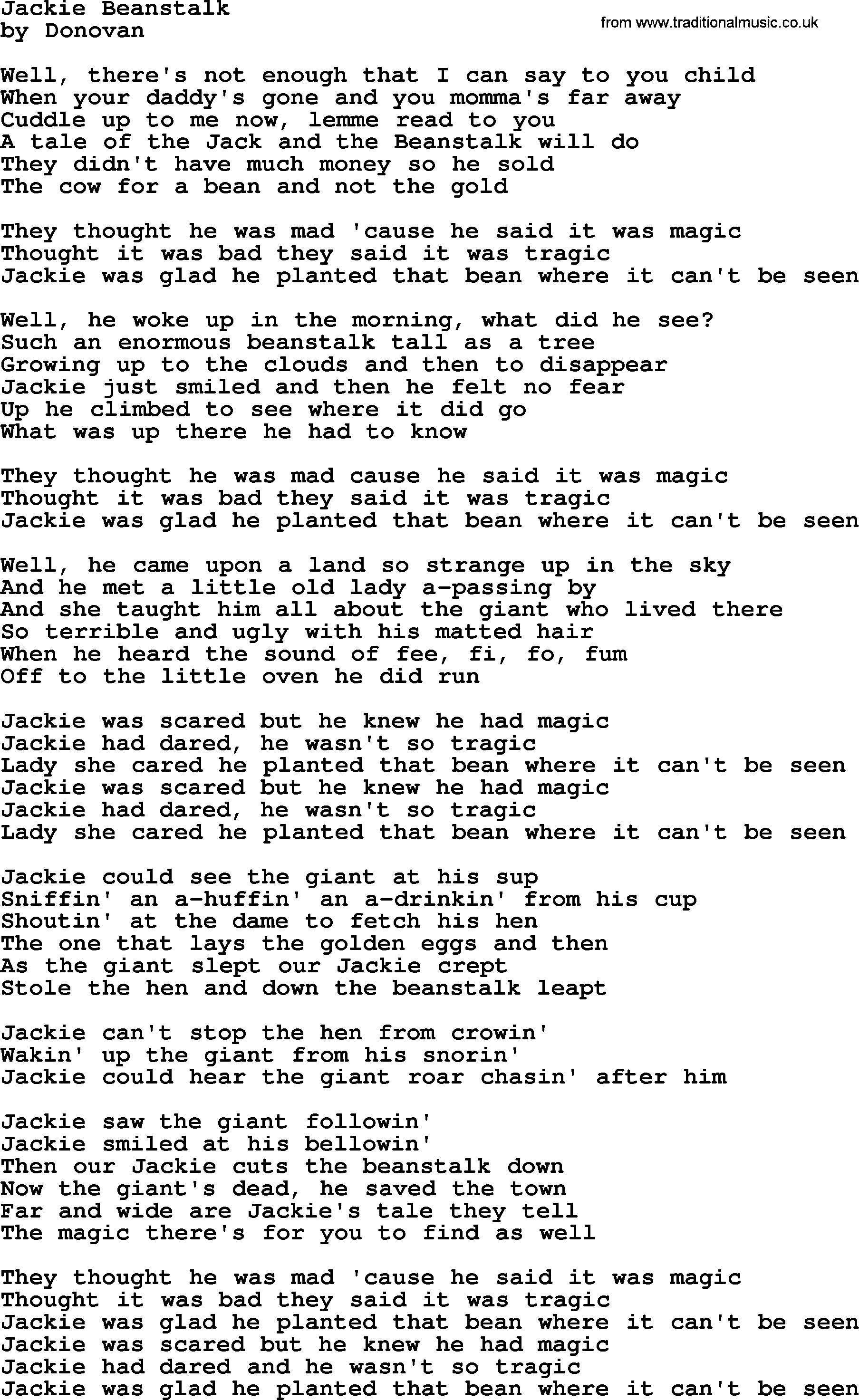 Donovan Leitch song: Jackie Beanstalk lyrics