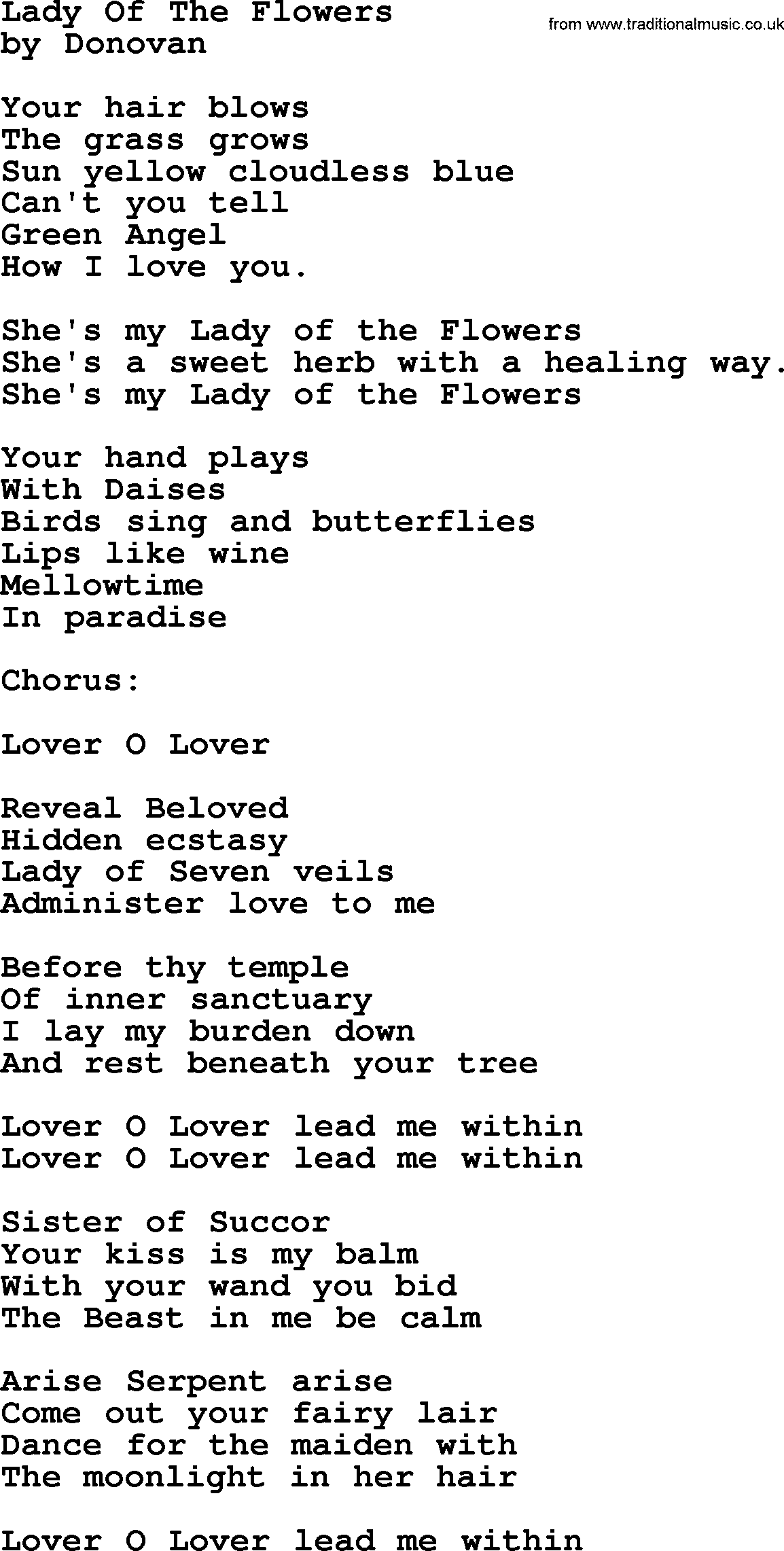 Donovan Leitch song: Lady Of The Flowers lyrics