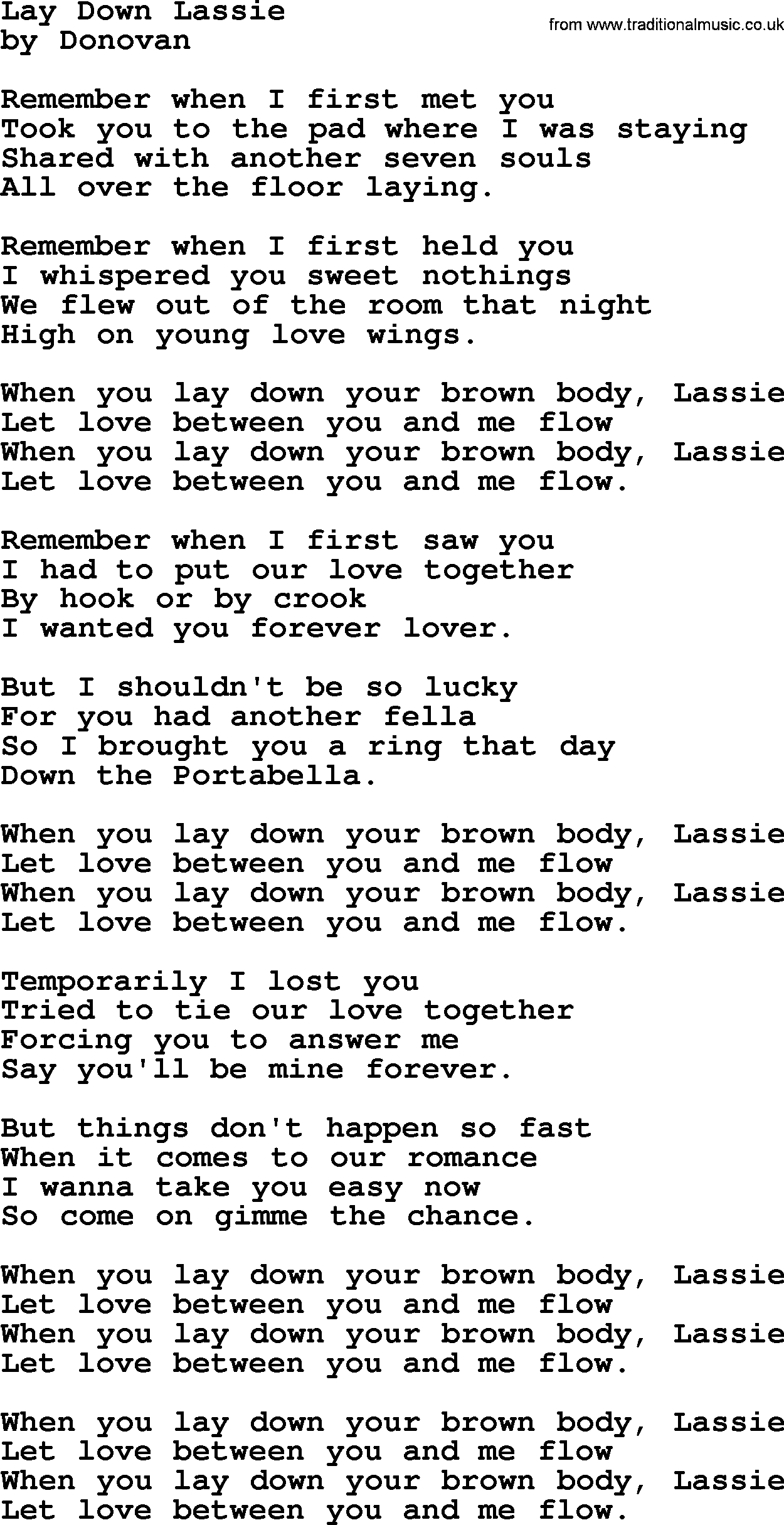Donovan Leitch song: Lay Down Lassie lyrics