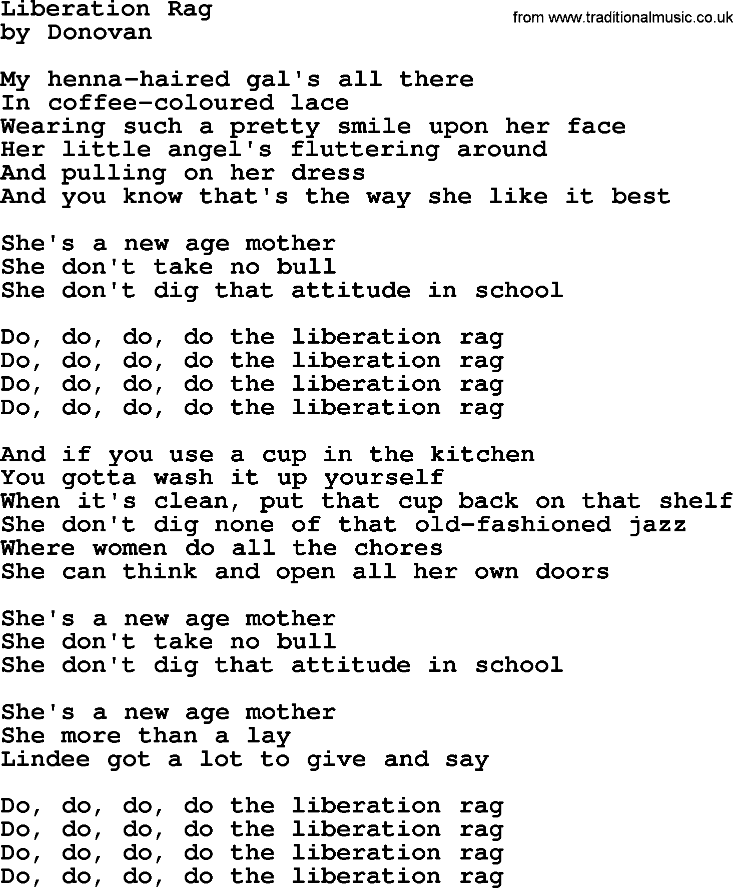 Donovan Leitch song: Liberation Rag lyrics