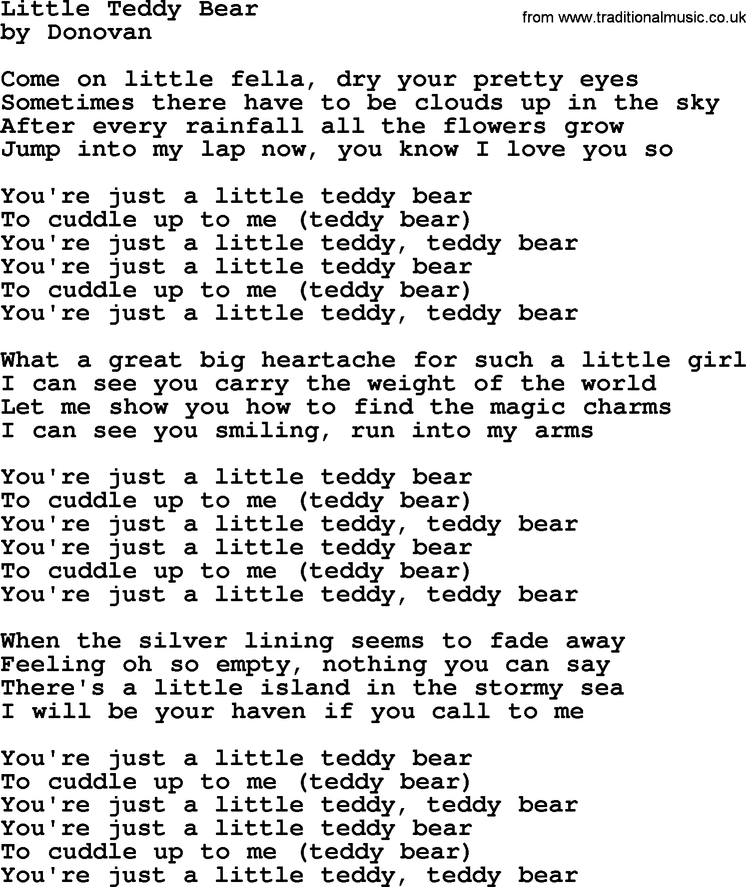 Donovan Leitch song: Little Teddy Bear lyrics