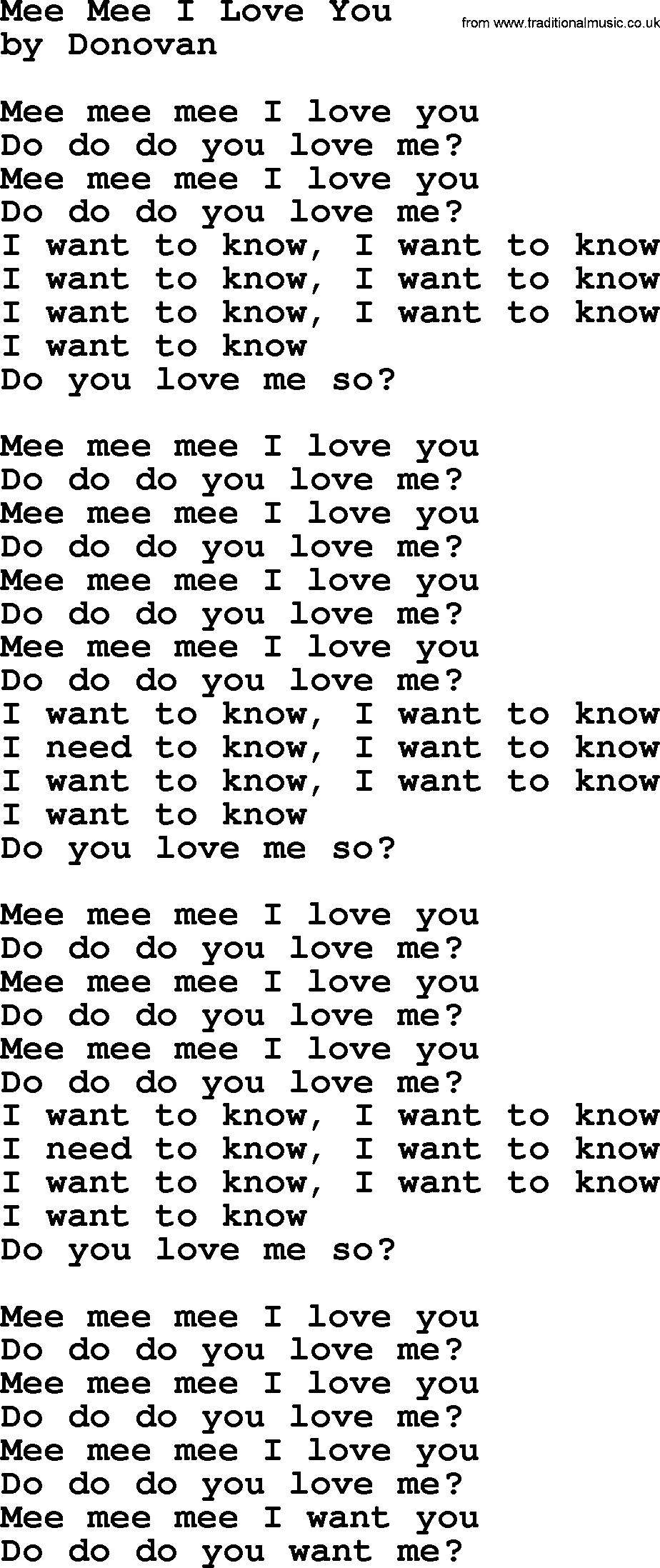 Donovan Leitch song: Mee Mee I Love You lyrics