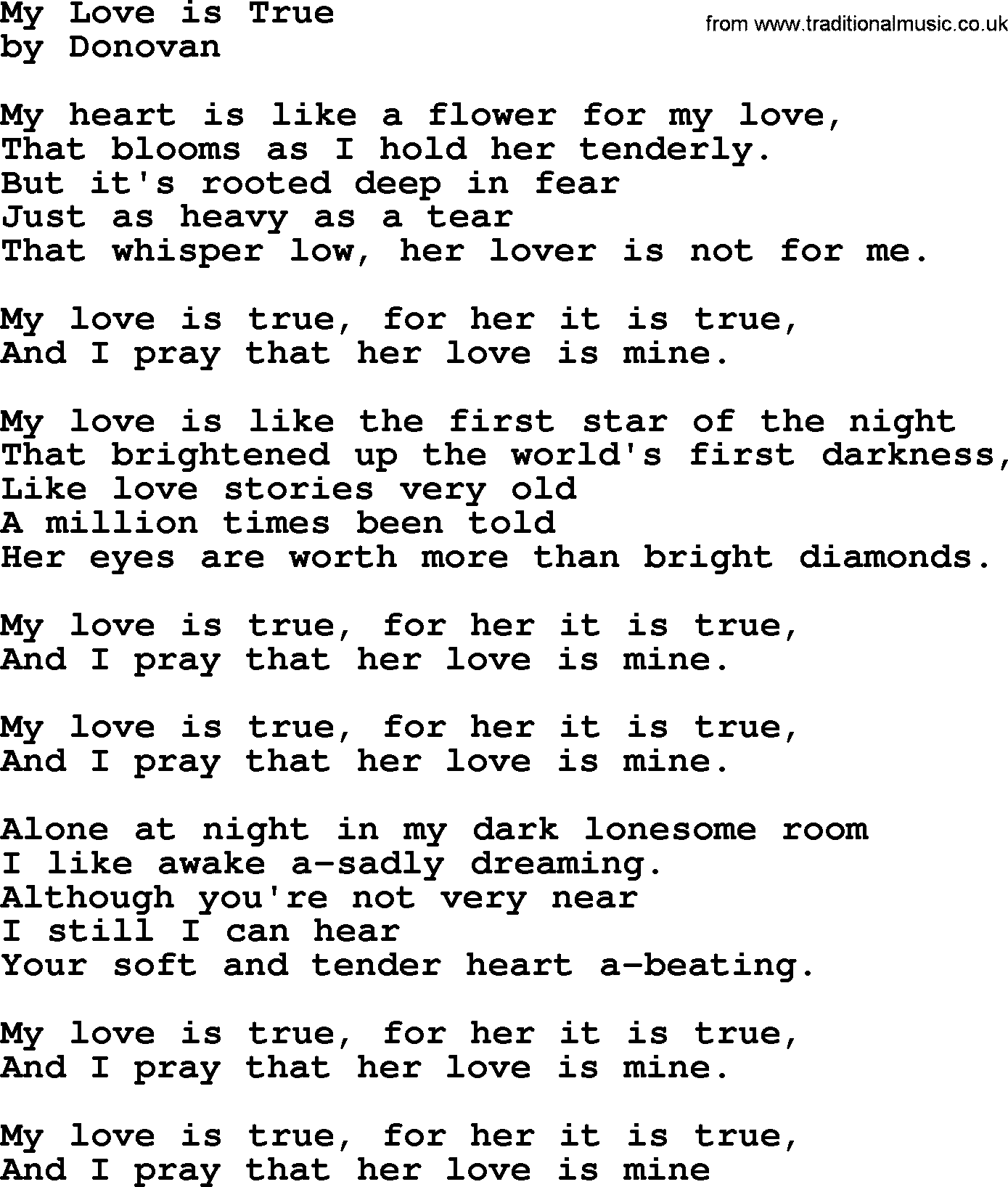 Donovan Leitch song: My Love Is True lyrics