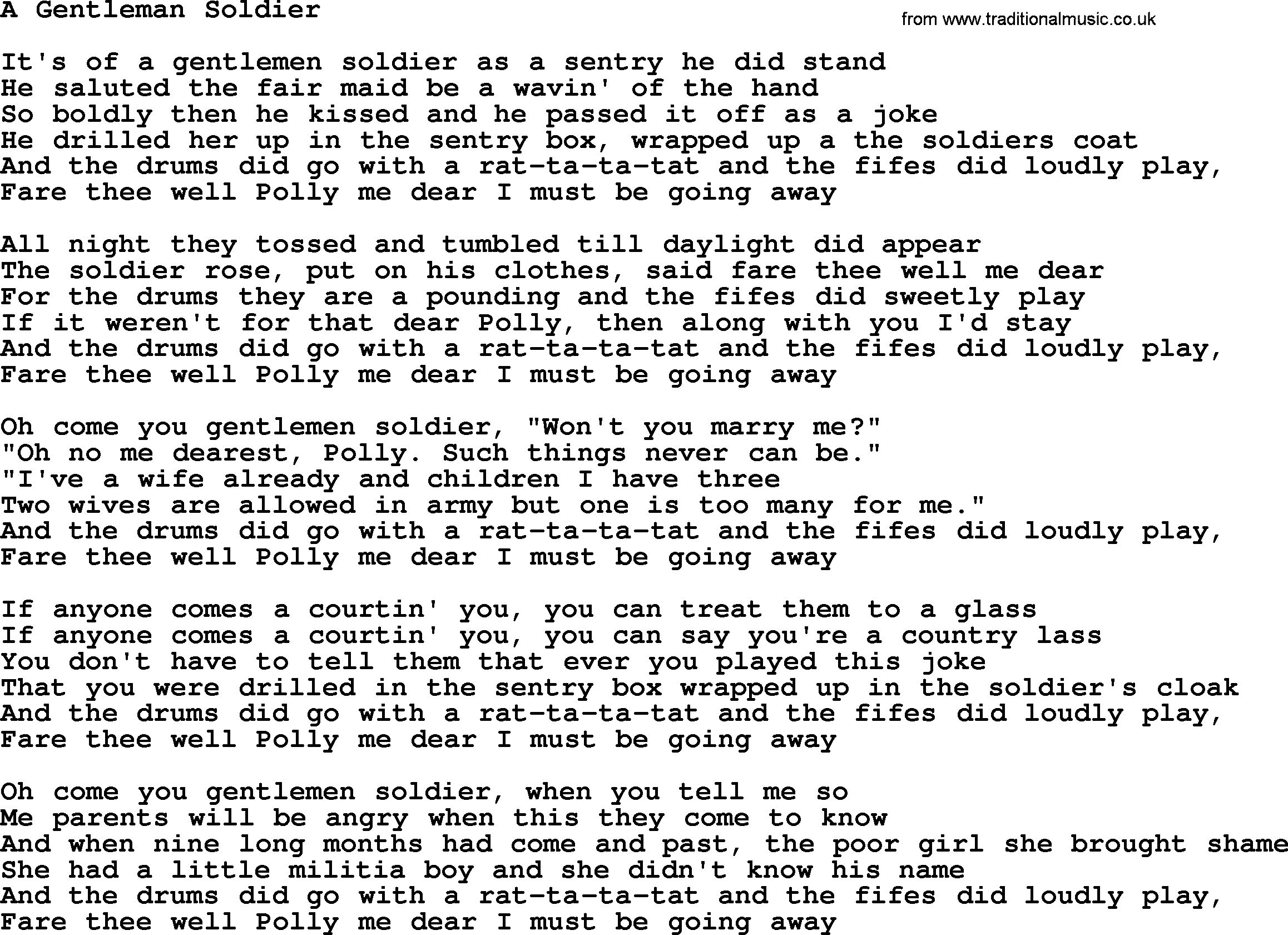 The Dubliners song: A Gentleman Soldier, lyrics