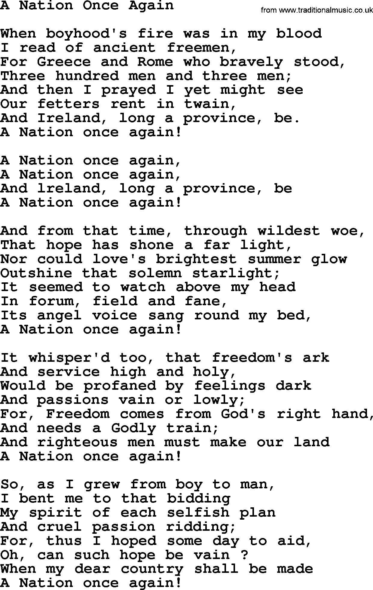 The Dubliners song: A Nation Once Again, lyrics