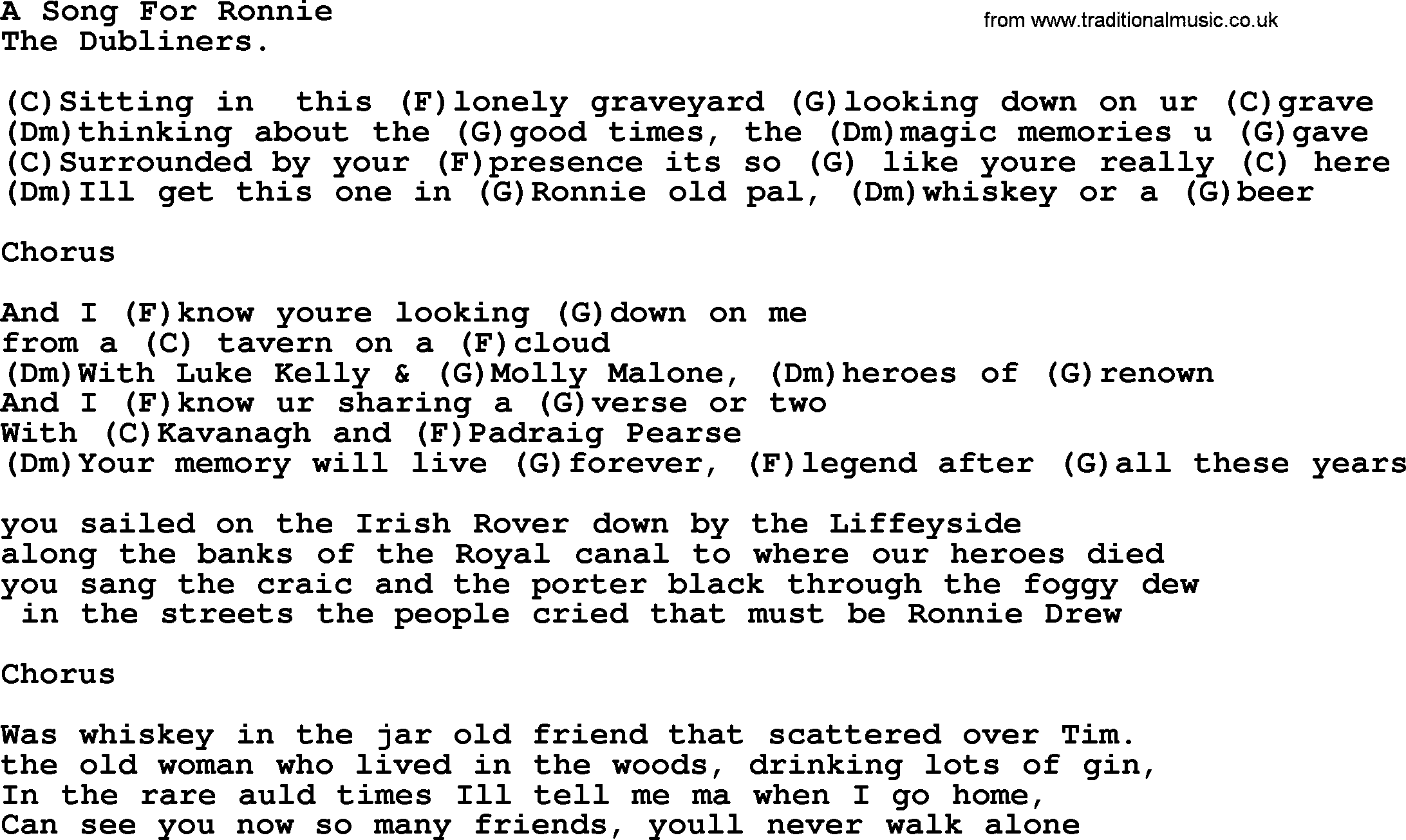 The Dubliners song: A Song For Ronnie, lyrics and chords