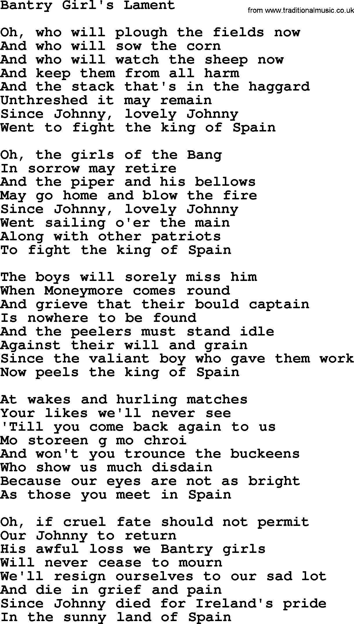 The Dubliners song: Bantry Girl's Lament, lyrics