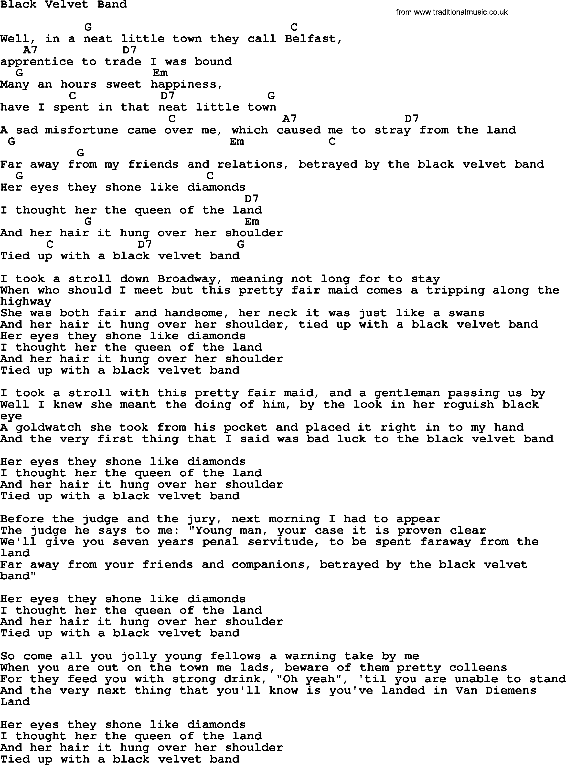 The Dubliners song: Black Velvet Band, lyrics and chords