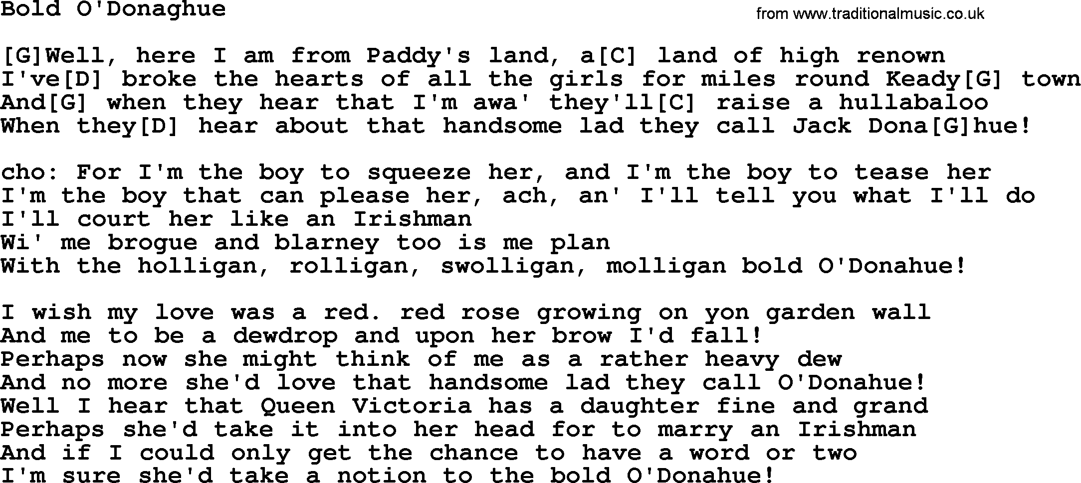 The Dubliners song: Bold O'donaghue, lyrics