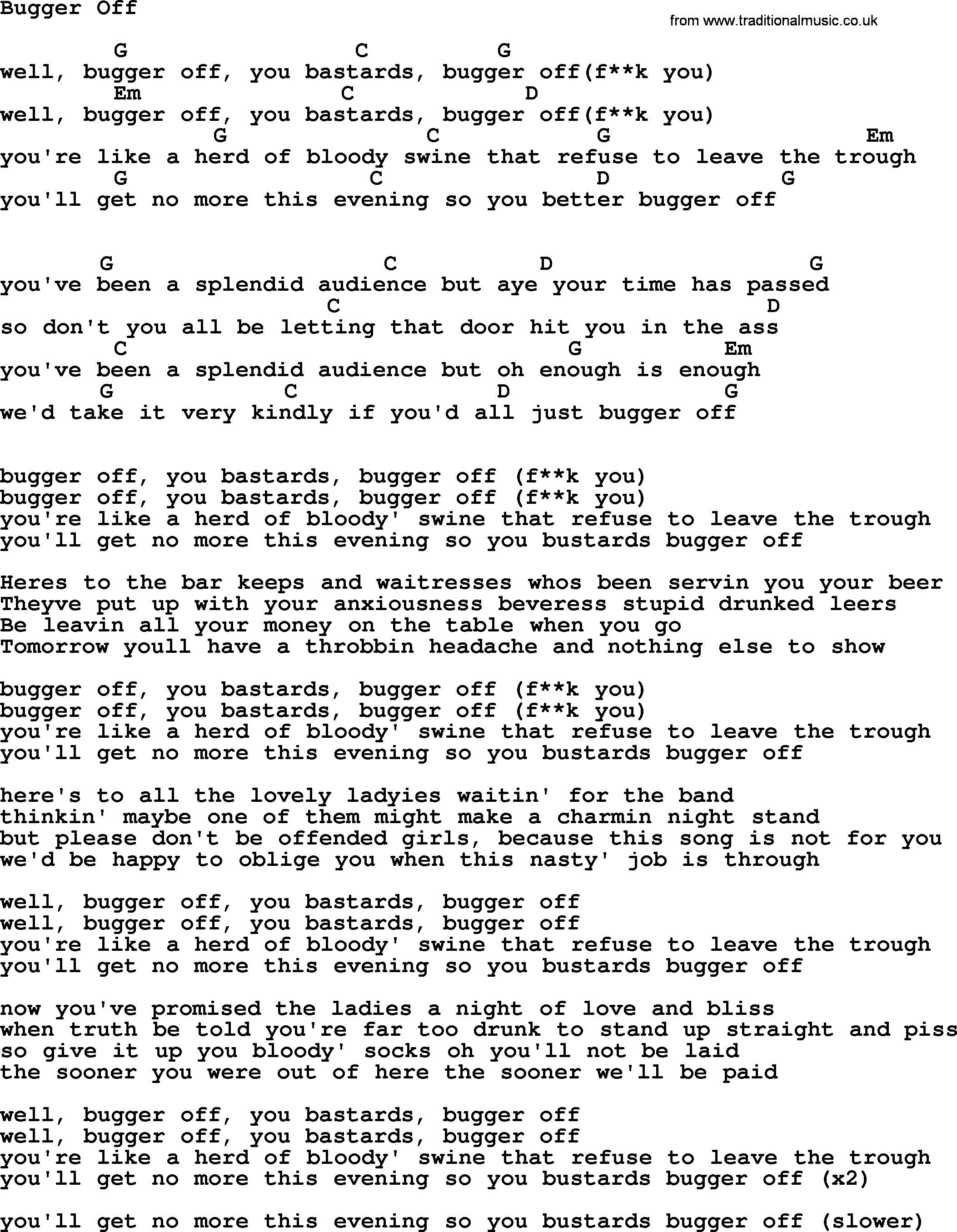 The Dubliners song: Bugger Off, lyrics and chords
