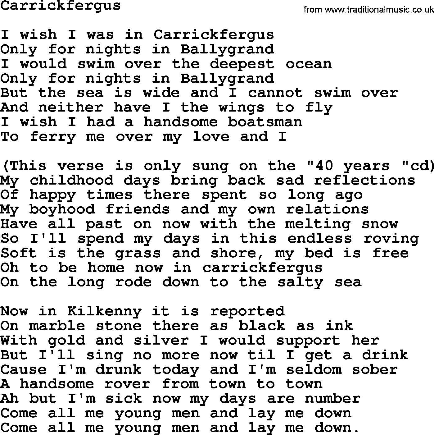 The Dubliners song: Carrickfergus, lyrics
