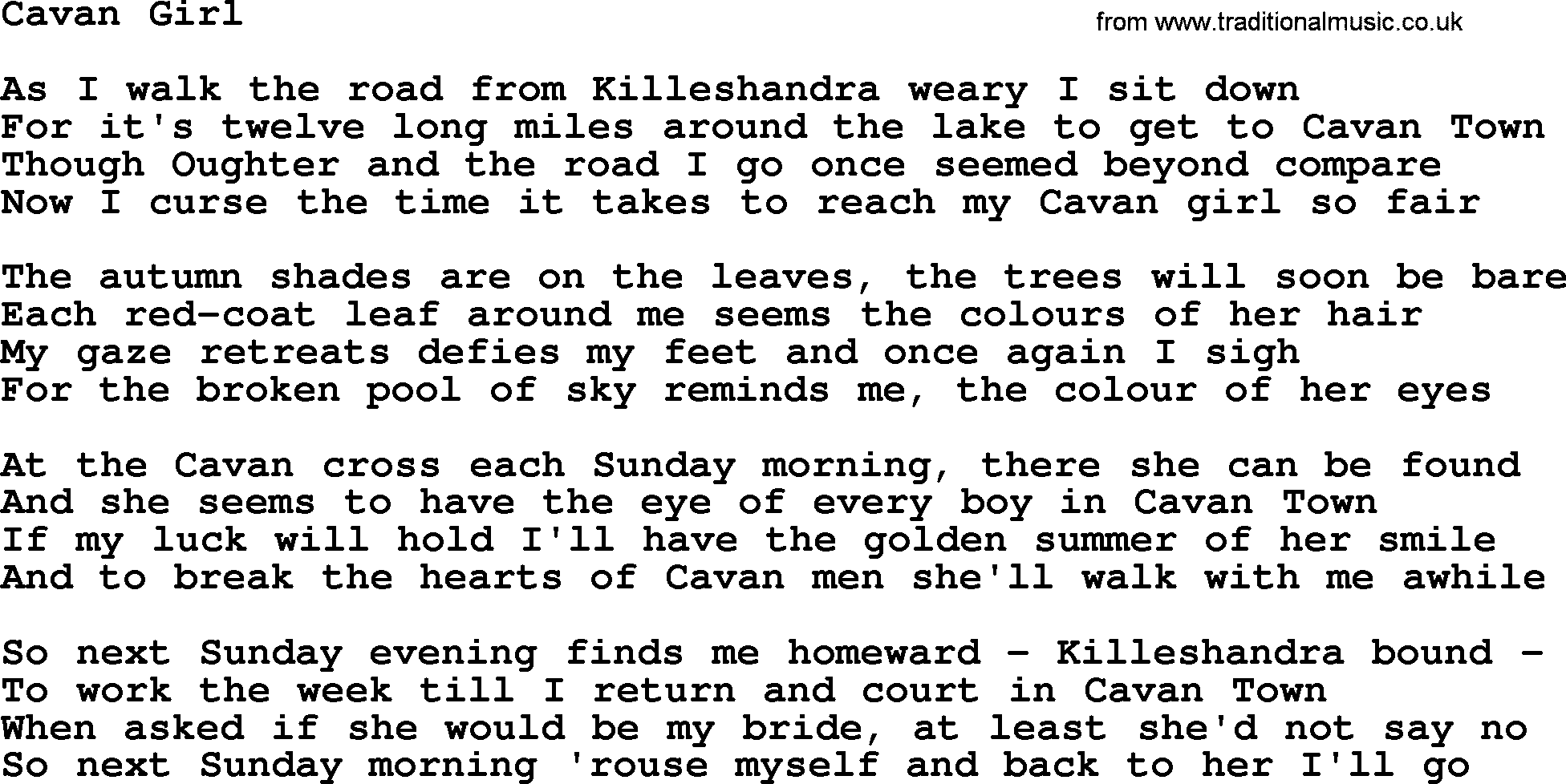 The Dubliners song: Cavan Girl, lyrics