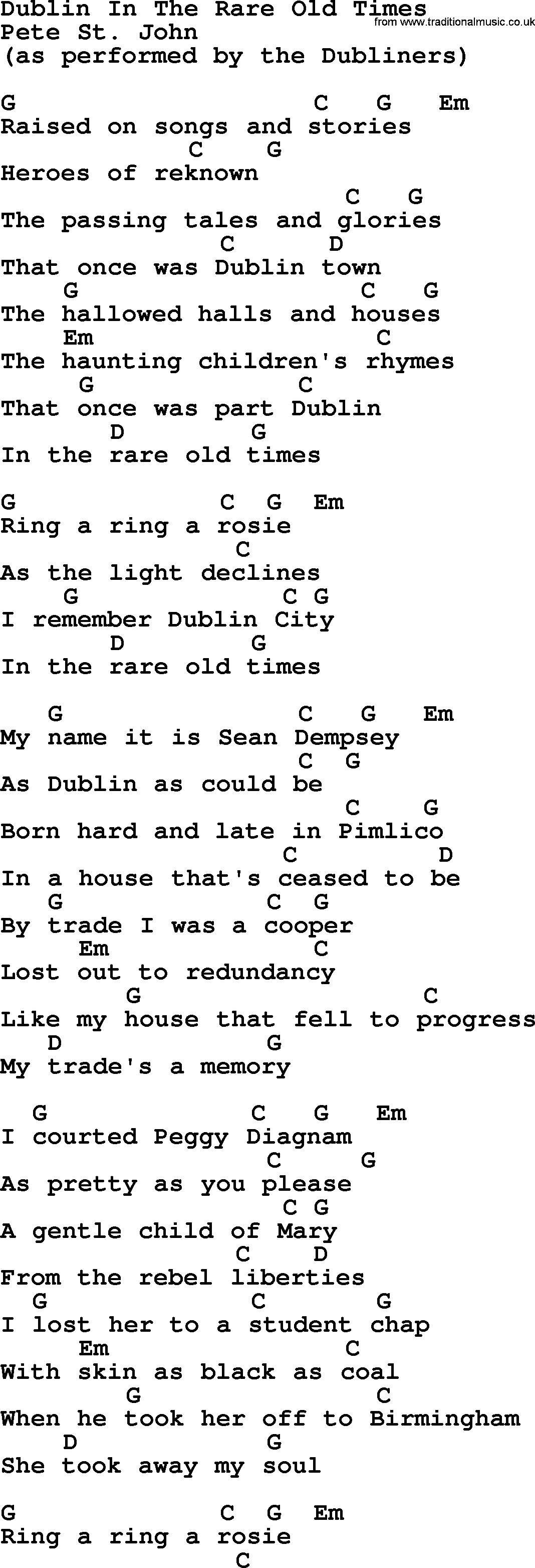 The Dubliners song: Dublin In The Rare Old Times, lyrics and chords