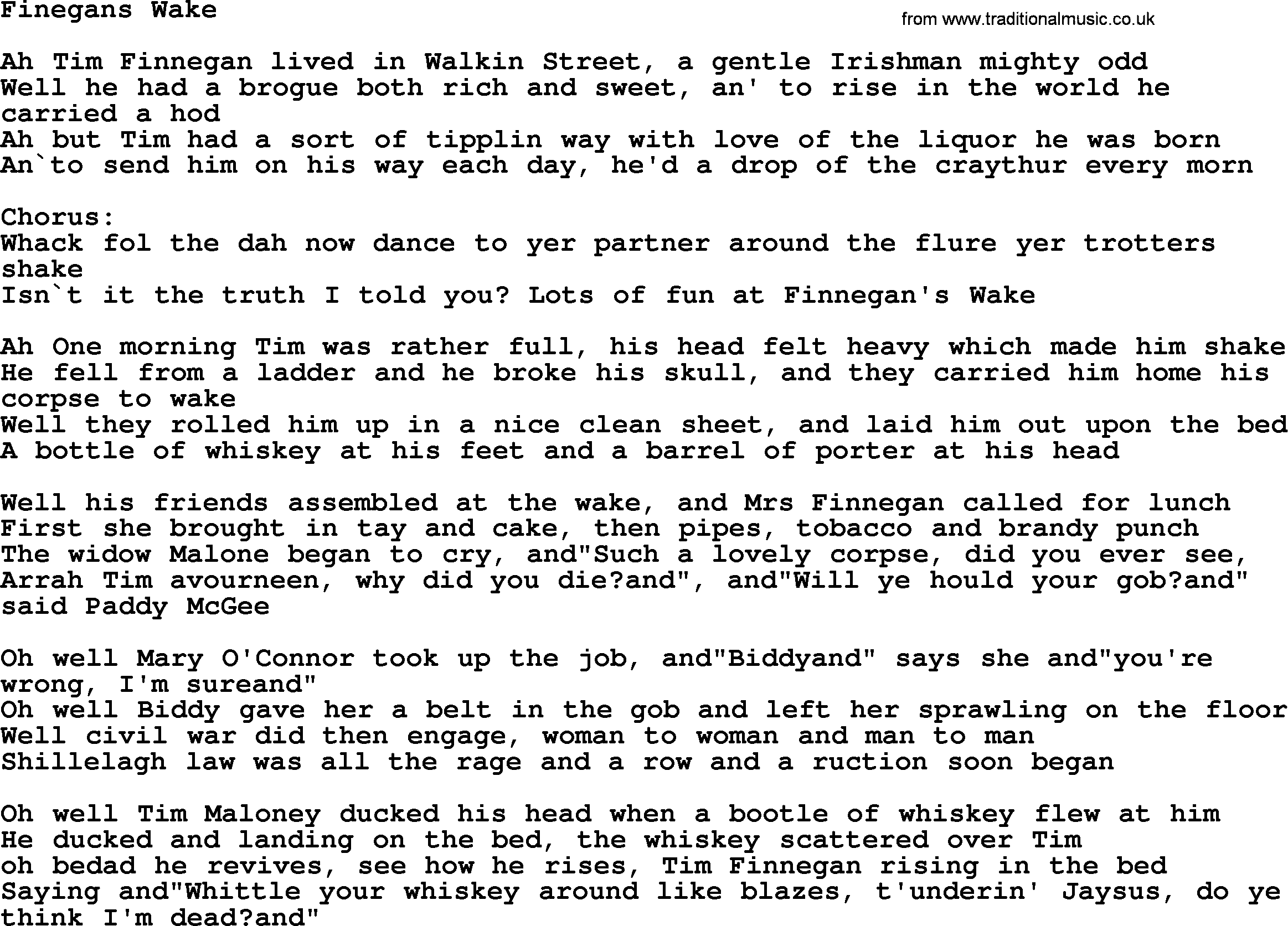 The Dubliners song: Finegans Wake, lyrics